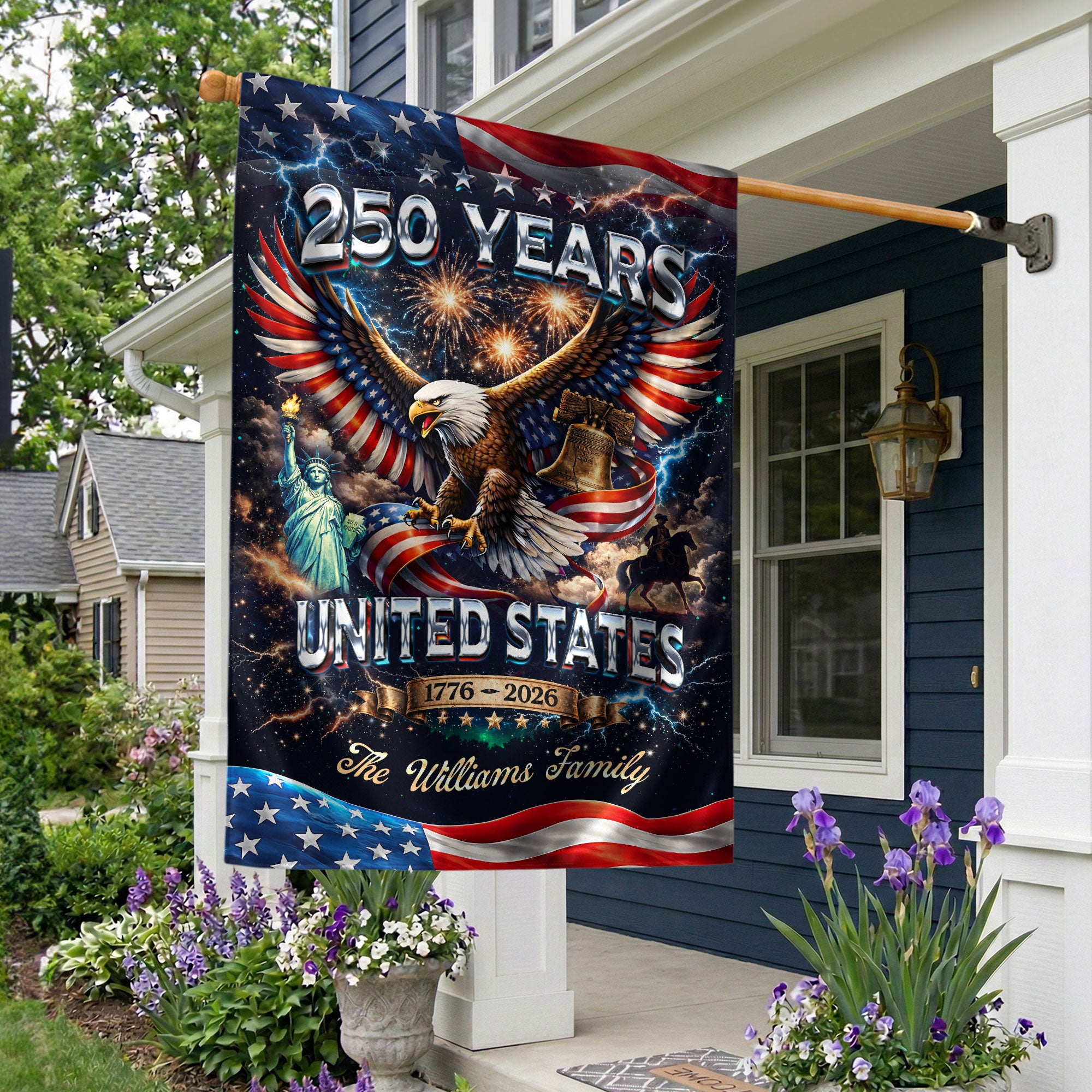 Personalized USA 250th Celebration Garden Flag – Patriotic Eagle, Statue & Fireworks Theme (1776–2026)