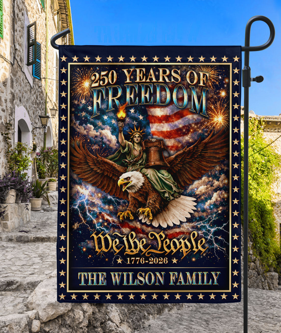 Personalized Patriotic Garden Flag – 250 Years of American Heritage with Liberty & Eagle Motif (1776–2026)