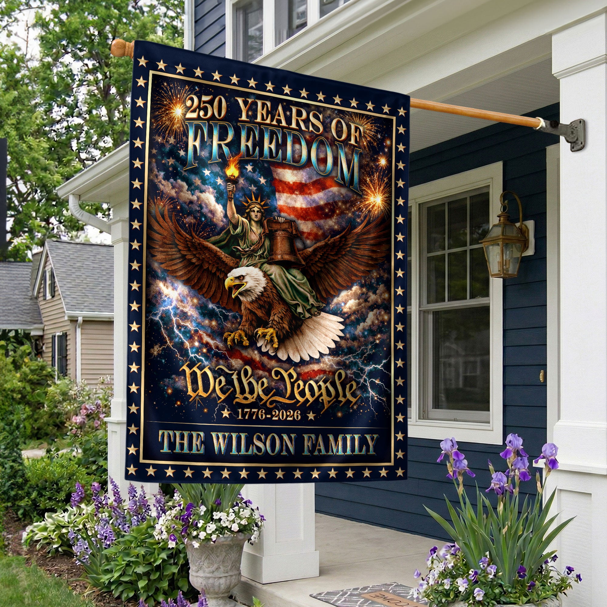 Personalized Patriotic Garden Flag – 250 Years of American Heritage with Liberty & Eagle Motif (1776–2026)