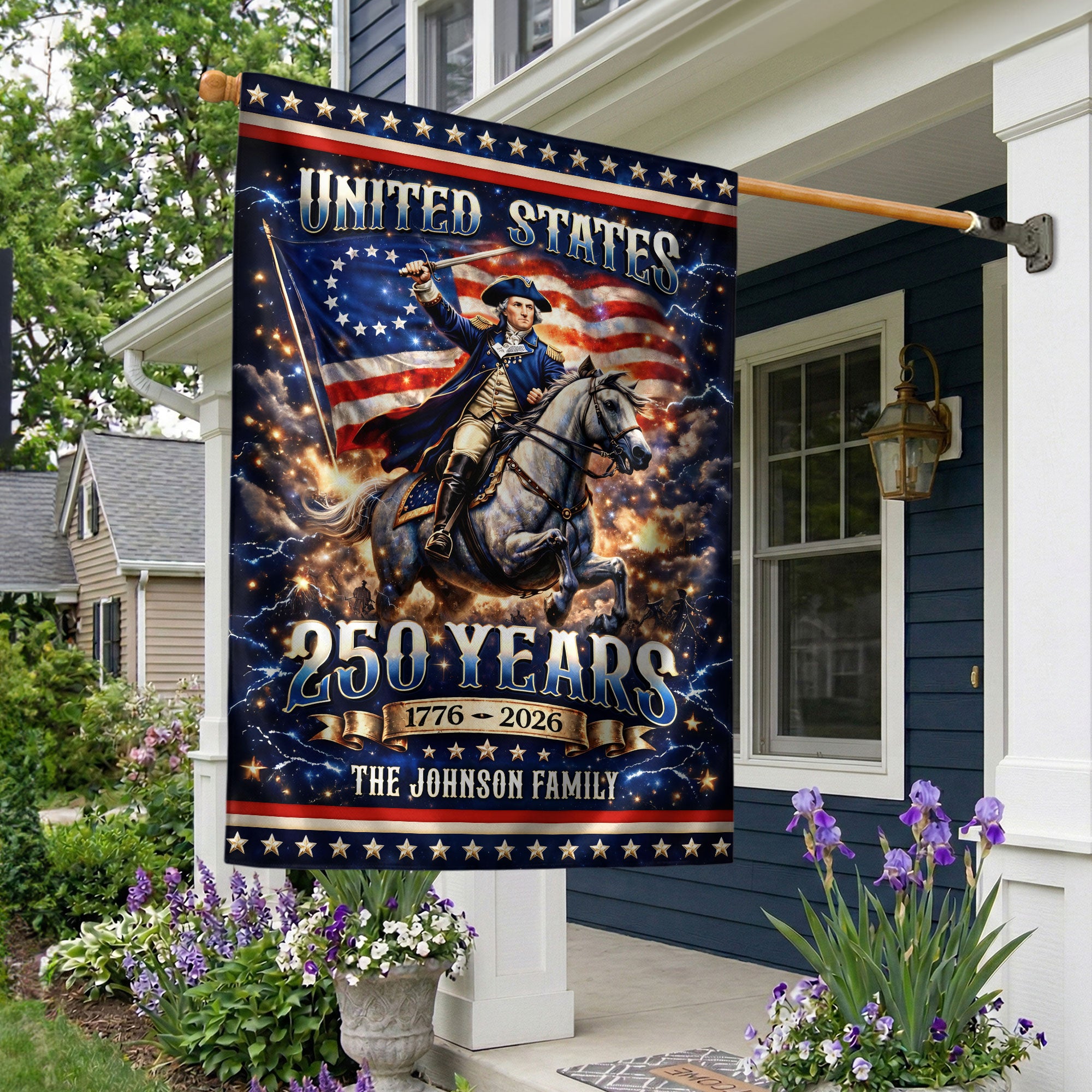 Custom Family Name 250th Anniversary Garden Flag – George Washington & USA Flag 1776-2026