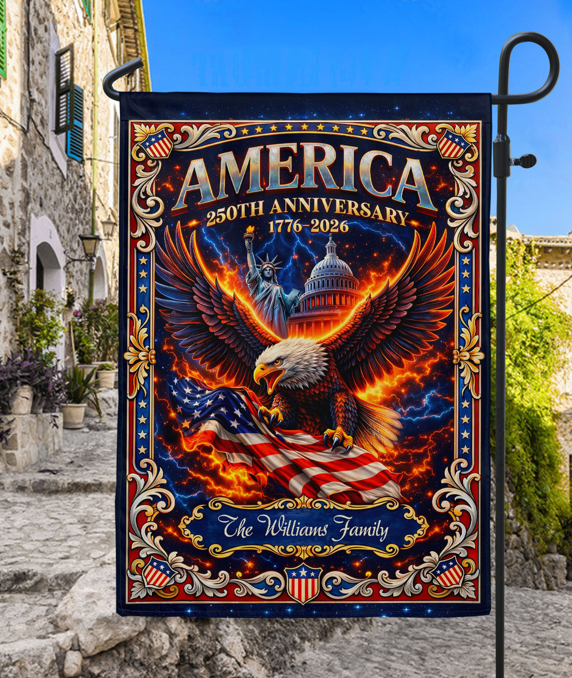 Personalized 250 Years USA Garden Flag – Family Name with Eagle, Statue of Liberty & Capitol (1776–2026)