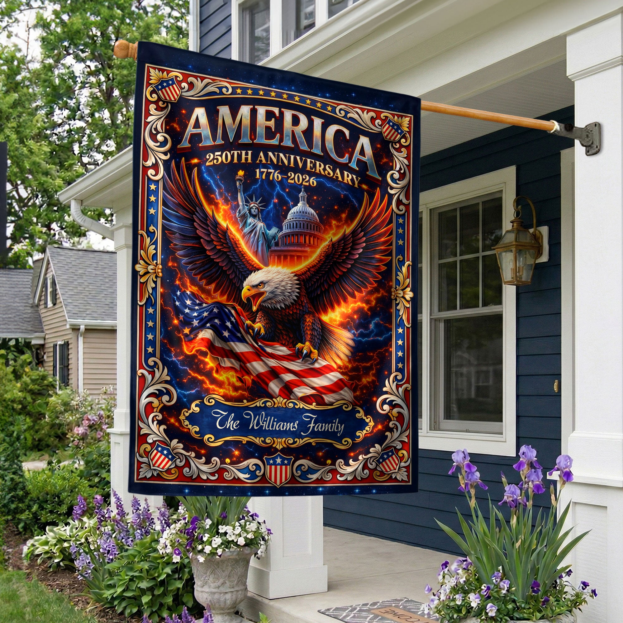 Personalized 250 Years USA Garden Flag – Family Name with Eagle, Statue of Liberty & Capitol (1776–2026)