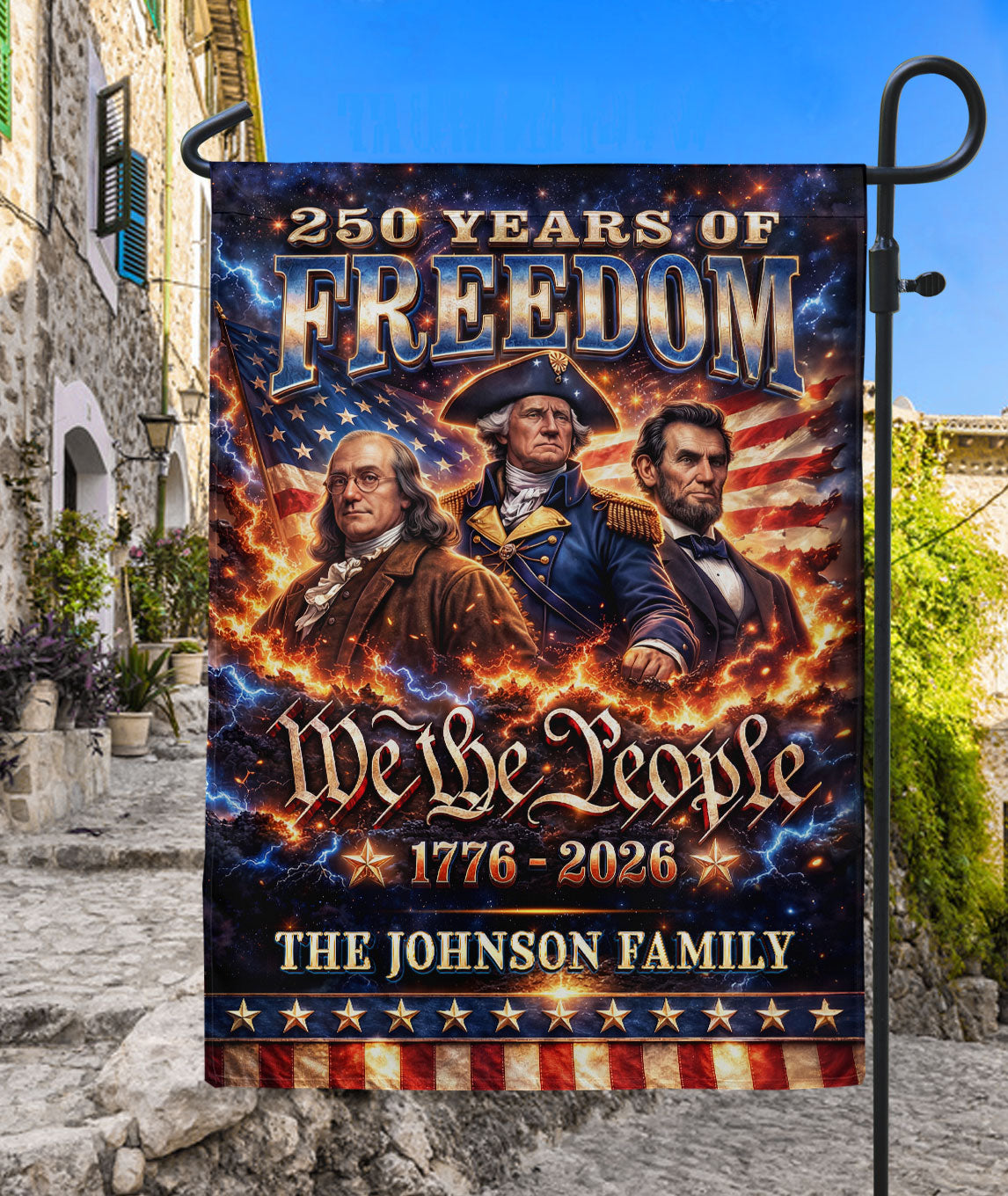 Custom Family Name 250th Anniversary Garden Flag – Founding Fathers & 'We the People' 1776-2026