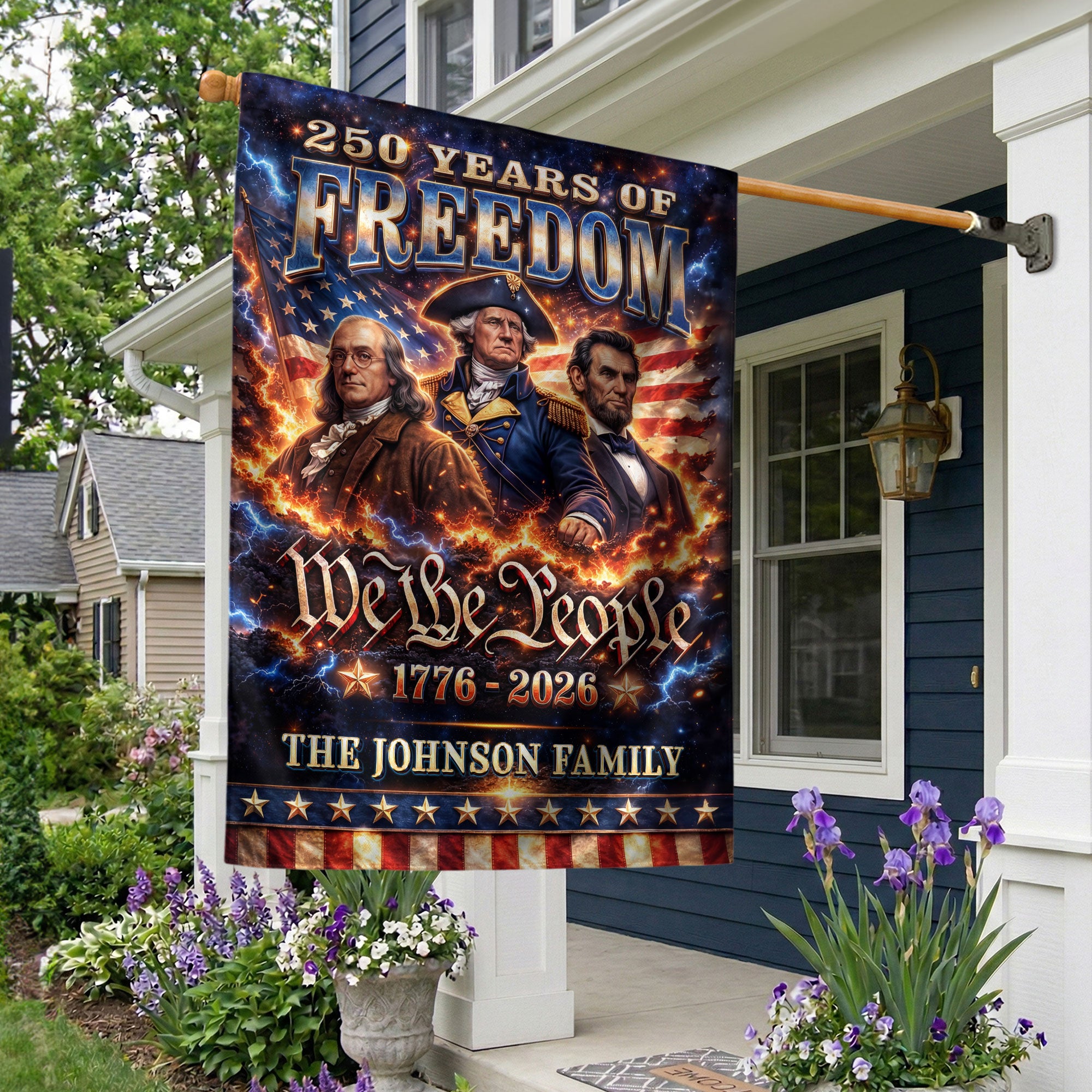 Custom Family Name 250th Anniversary Garden Flag – Founding Fathers & 'We the People' 1776-2026