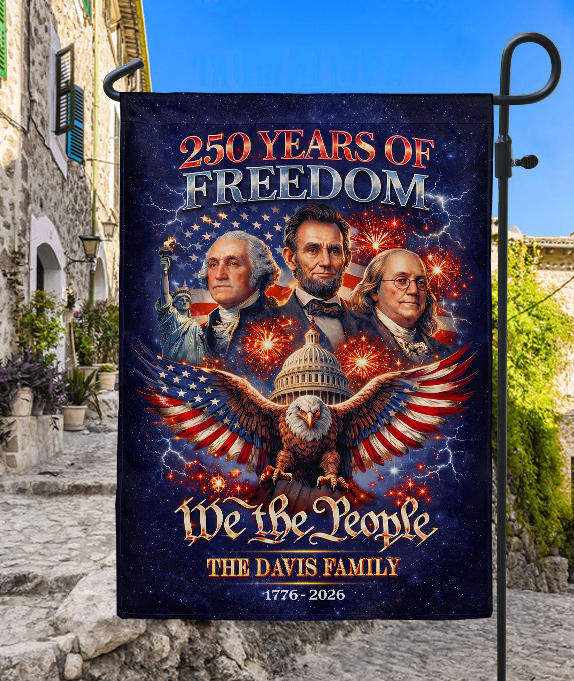 Custom Family Name 250th Anniversary Garden Flag – Founding Fathers, Eagle & Capitol 1776-2026