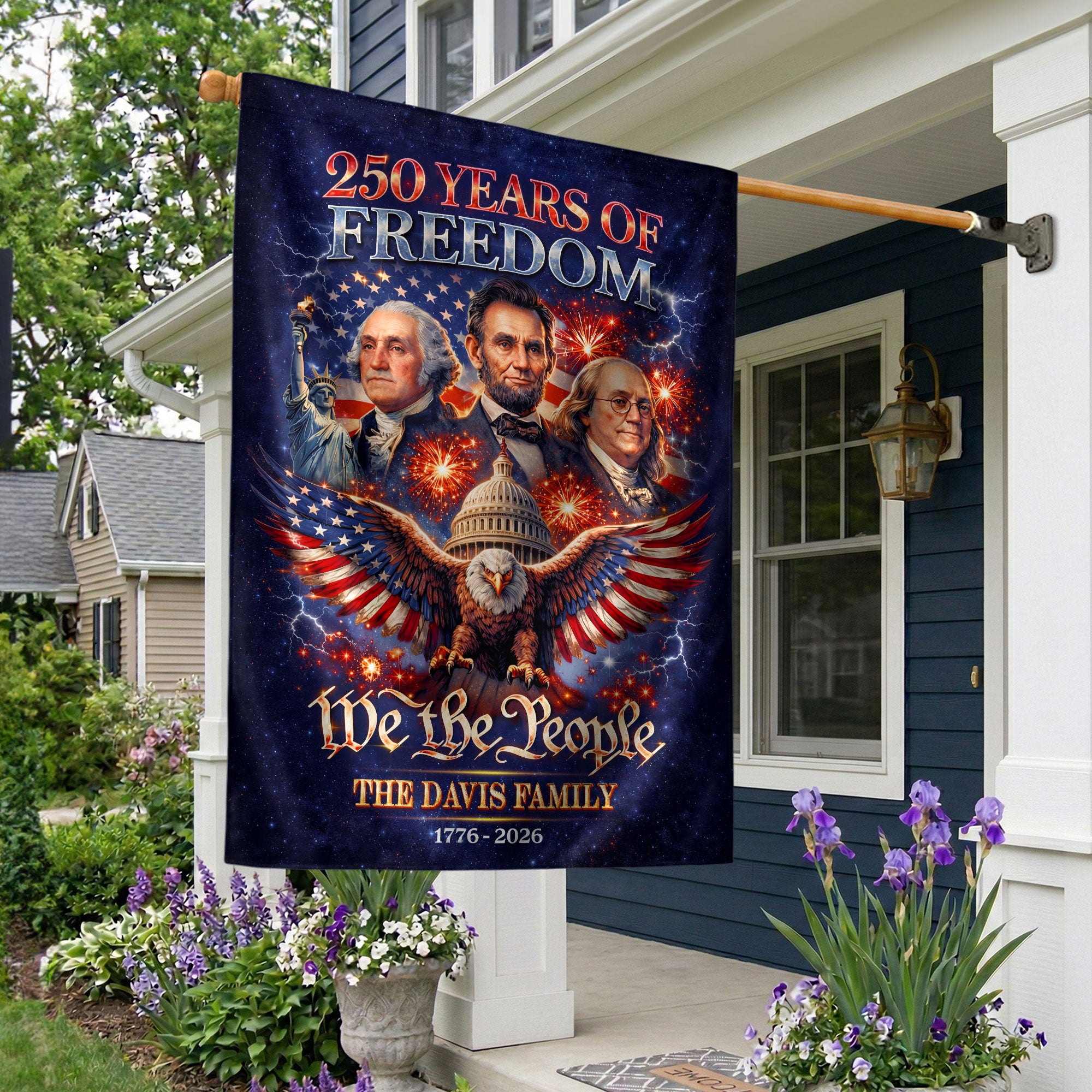 Custom Family Name 250th Anniversary Garden Flag – Founding Fathers, Eagle & Capitol 1776-2026