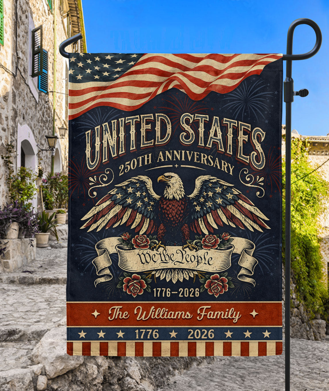 Personalized Patriotic Garden Banner – 250 Years of the USA Featuring Eagle & “We the People” (1776–2026)
