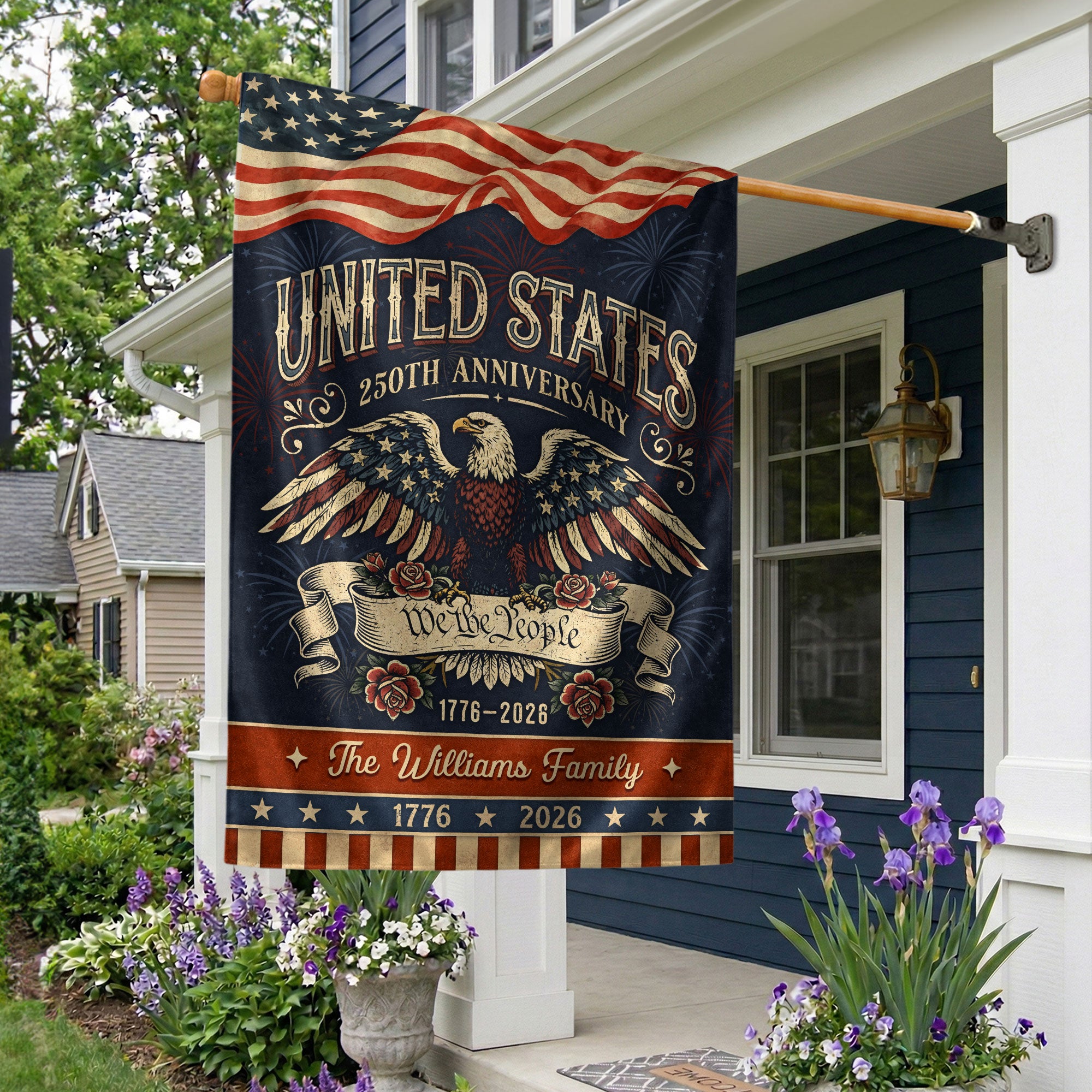 Personalized Patriotic Garden Banner – 250 Years of the USA Featuring Eagle & “We the People” (1776–2026)
