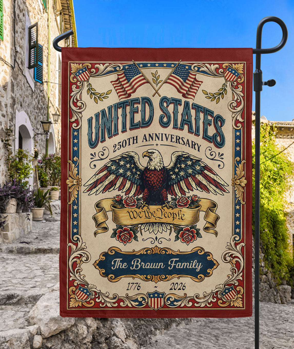 Personalized Independence 250 Garden Flag – American Eagle & “We the People” Design with Custom Name (1776–2026)