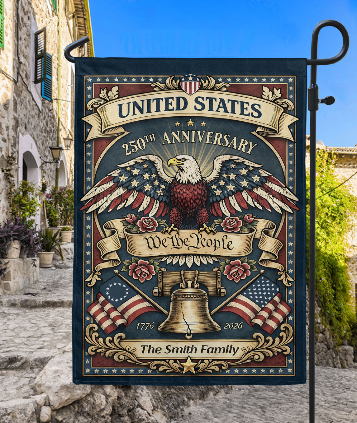 United States 250th Anniversary Garden Flag – Custom Family Name with Eagle, Liberty Bell & 'We the People' 1776-2026