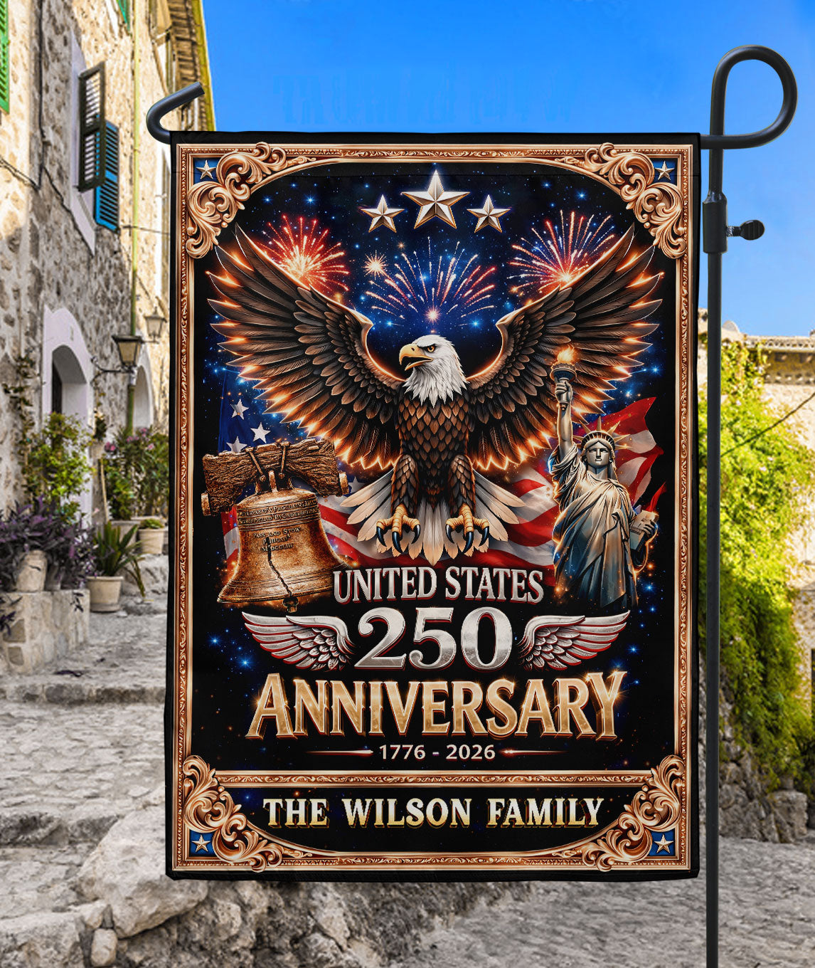 Personalized American Heritage Garden Flag – 250-Year Celebration with Eagle, Liberty Bell & Statue Design (1776–2026)