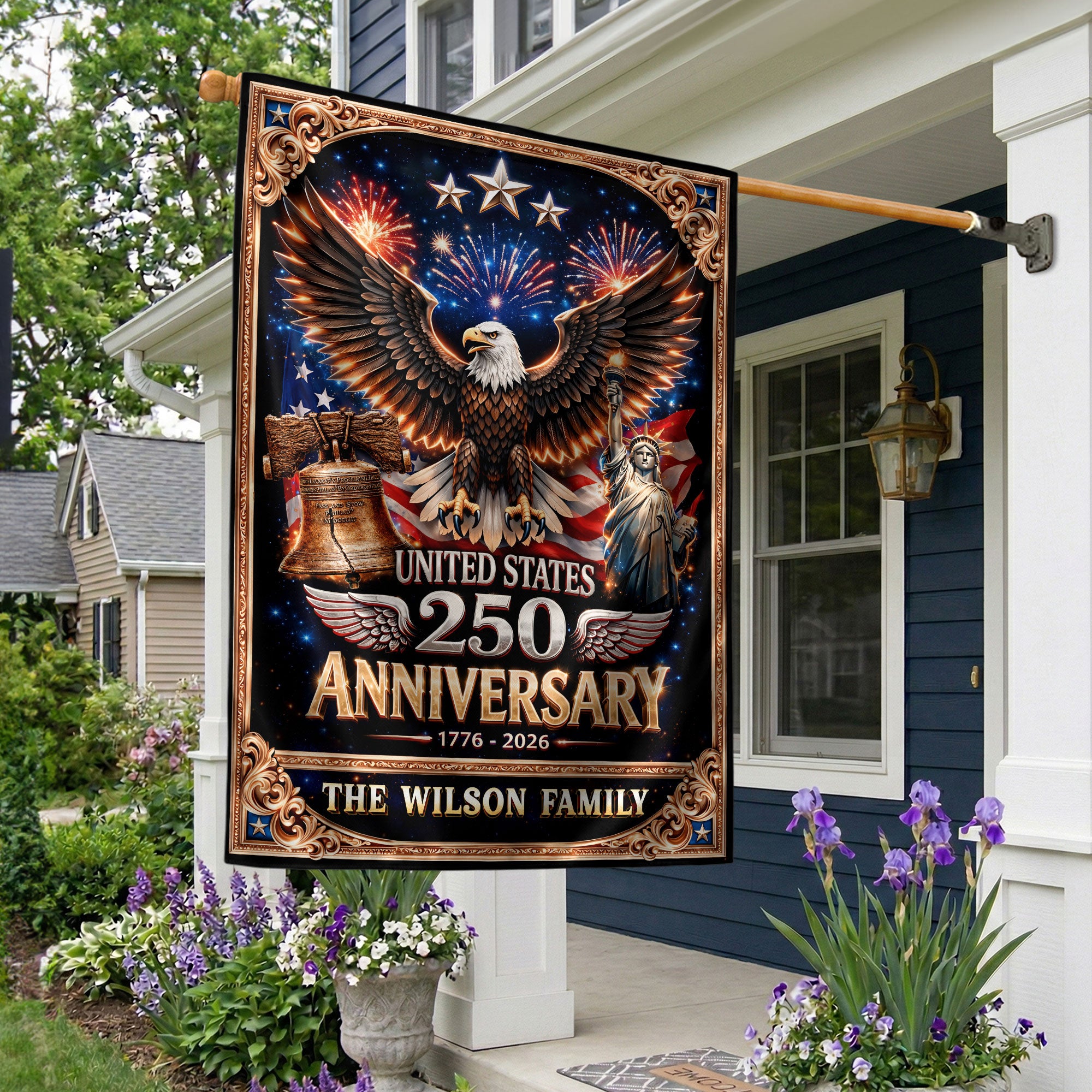 Personalized American Heritage Garden Flag – 250-Year Celebration with Eagle, Liberty Bell & Statue Design (1776–2026)