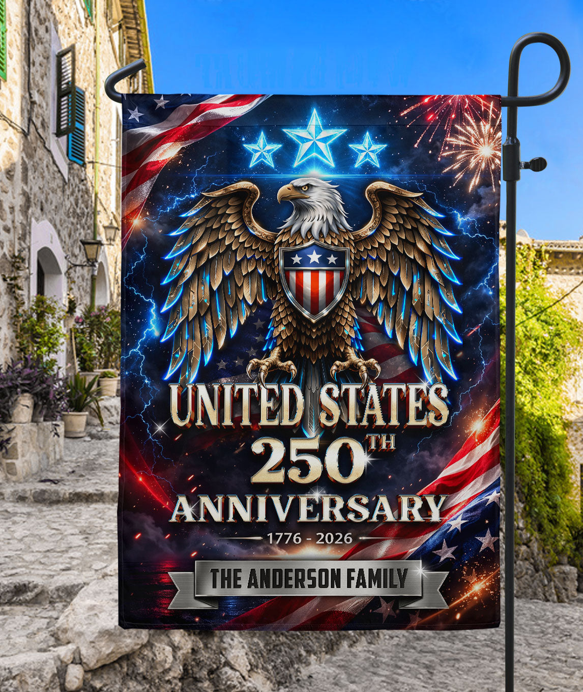 250th Anniversary USA Garden Flag – Custom Family Name with Eagle & Stars 1776-2026