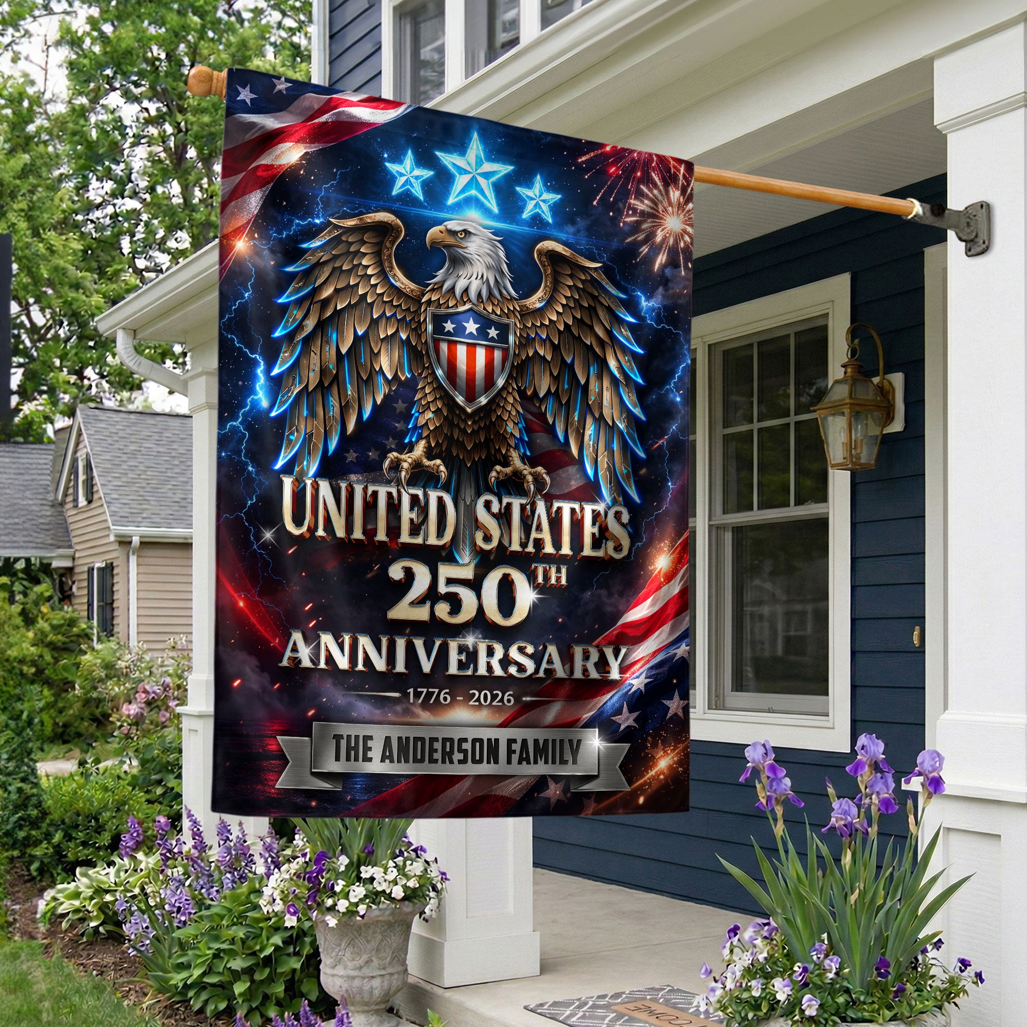 250th Anniversary USA Garden Flag – Custom Family Name with Eagle & Stars 1776-2026