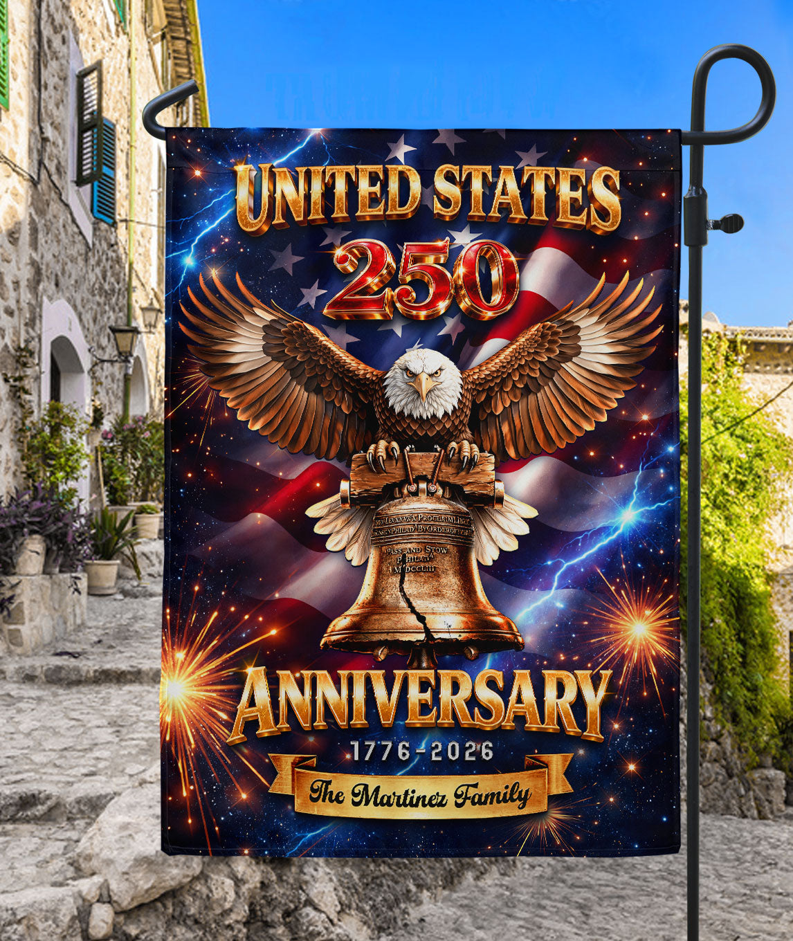 Personalized American Celebration Garden Flag – 250-Year Commemorative Design with Eagle & Liberty Bell (1776–2026)