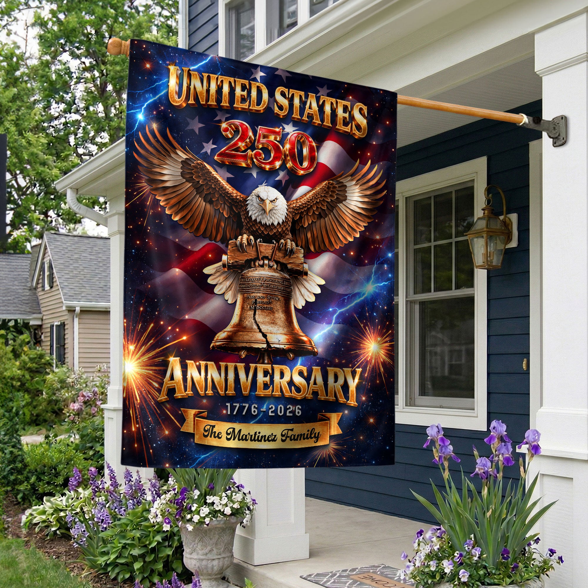 Personalized American Celebration Garden Flag – 250-Year Commemorative Design with Eagle & Liberty Bell (1776–2026)