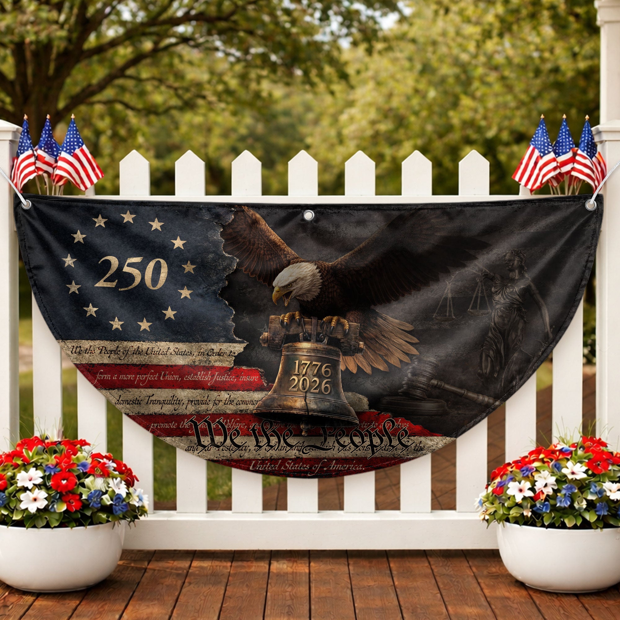 250 Years Liberty Bell Fence Flag Patriotic Bald Eagle - We The People Outdoor Banner