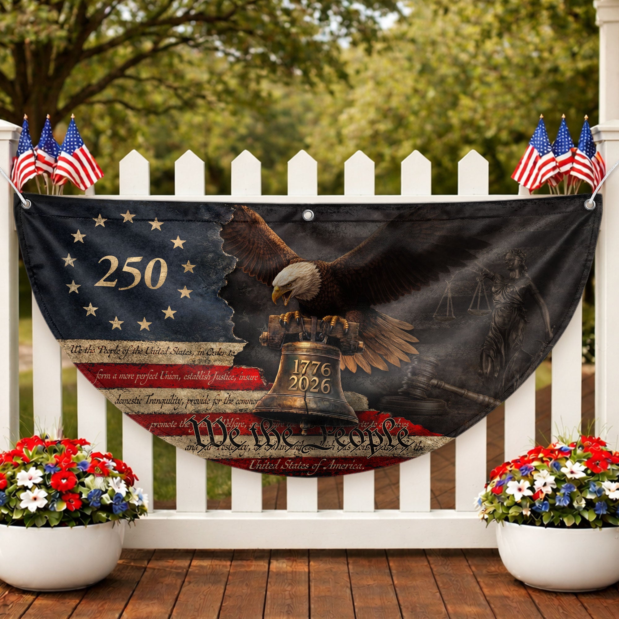 250 Years Liberty Bell Fence Flag Patriotic Bald Eagle - We The People Outdoor Banner