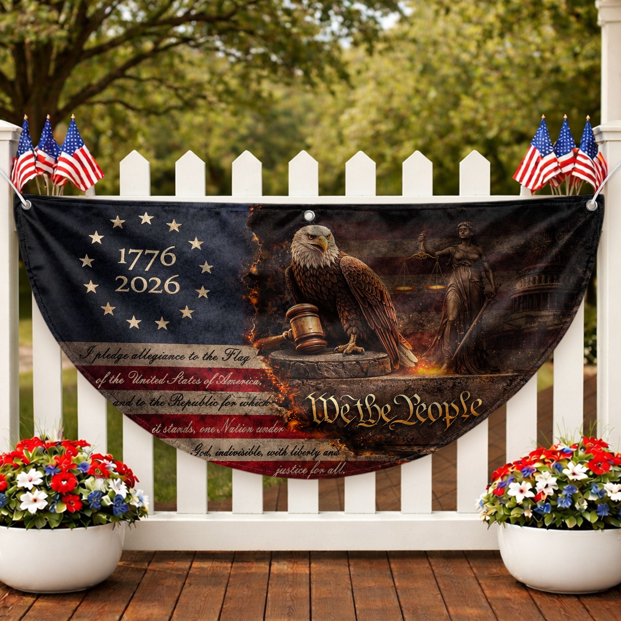 Pledge of Allegiance Fence Flag 1776-2026 Patriotic Eagle - We The People Outdoor Decor