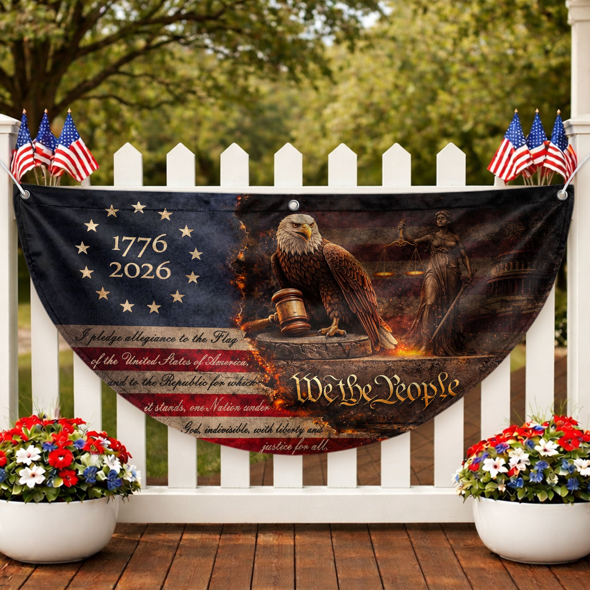 Pledge of Allegiance Fence Flag 1776-2026 Patriotic Eagle - We The People Outdoor Decor