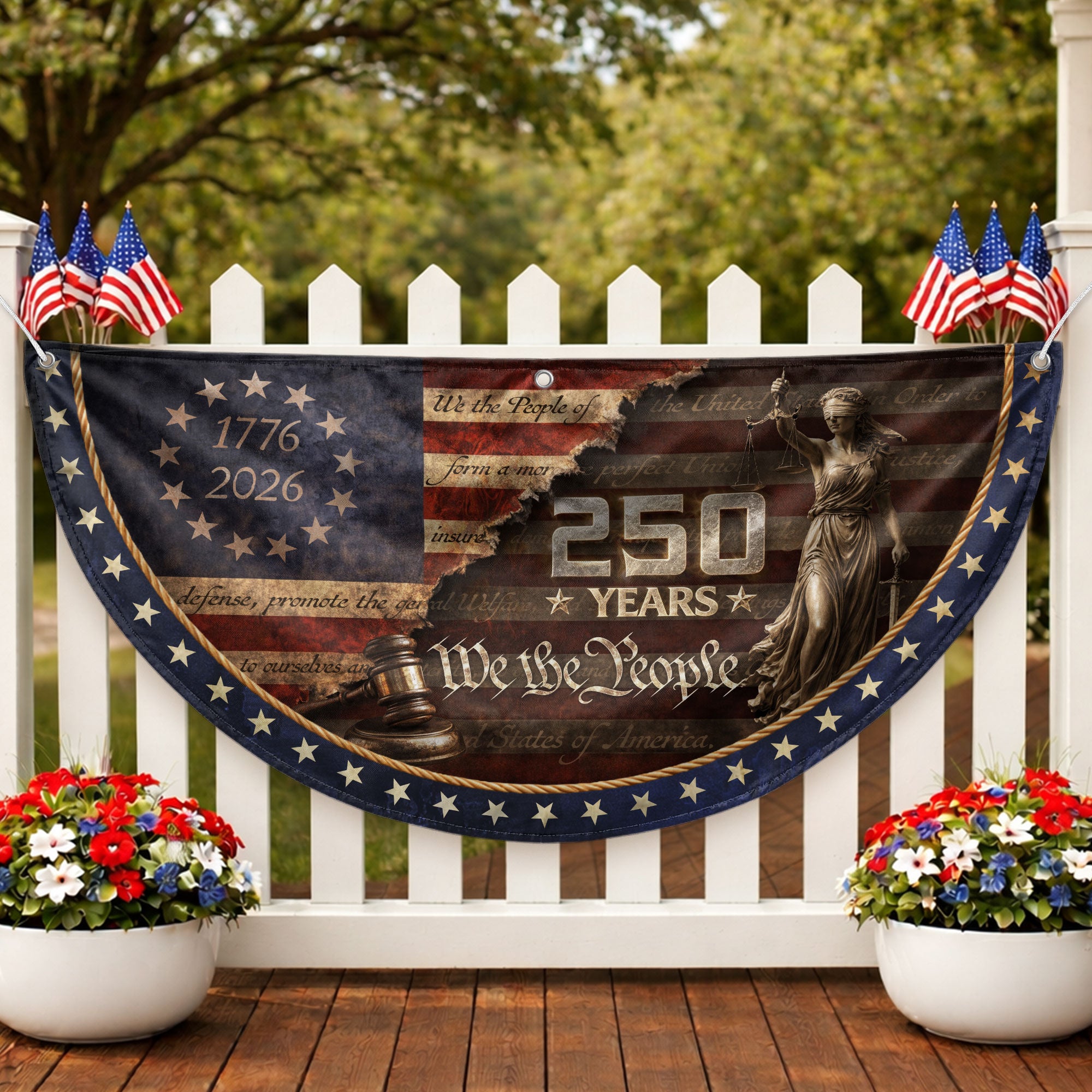 We The People Fence Flag Lady Justice & Gavel 250 Years Patriotic - 1776-2026 Decor