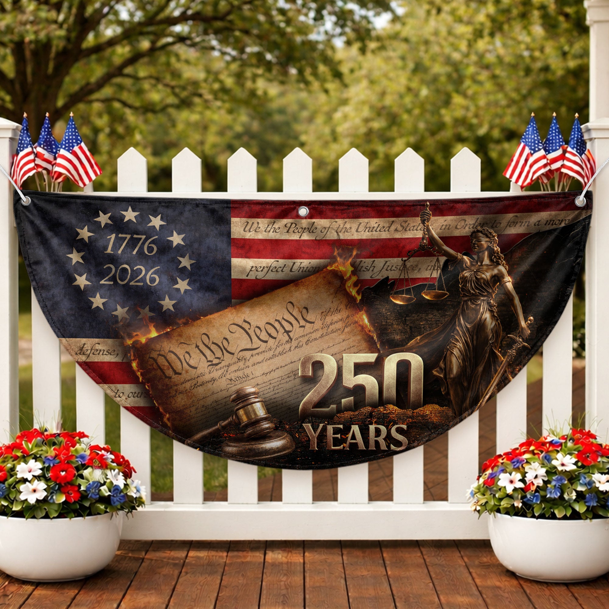 250 Years Lady Justice Fence Flag Patriotic 1776-2026 - We The People Outdoor Banner