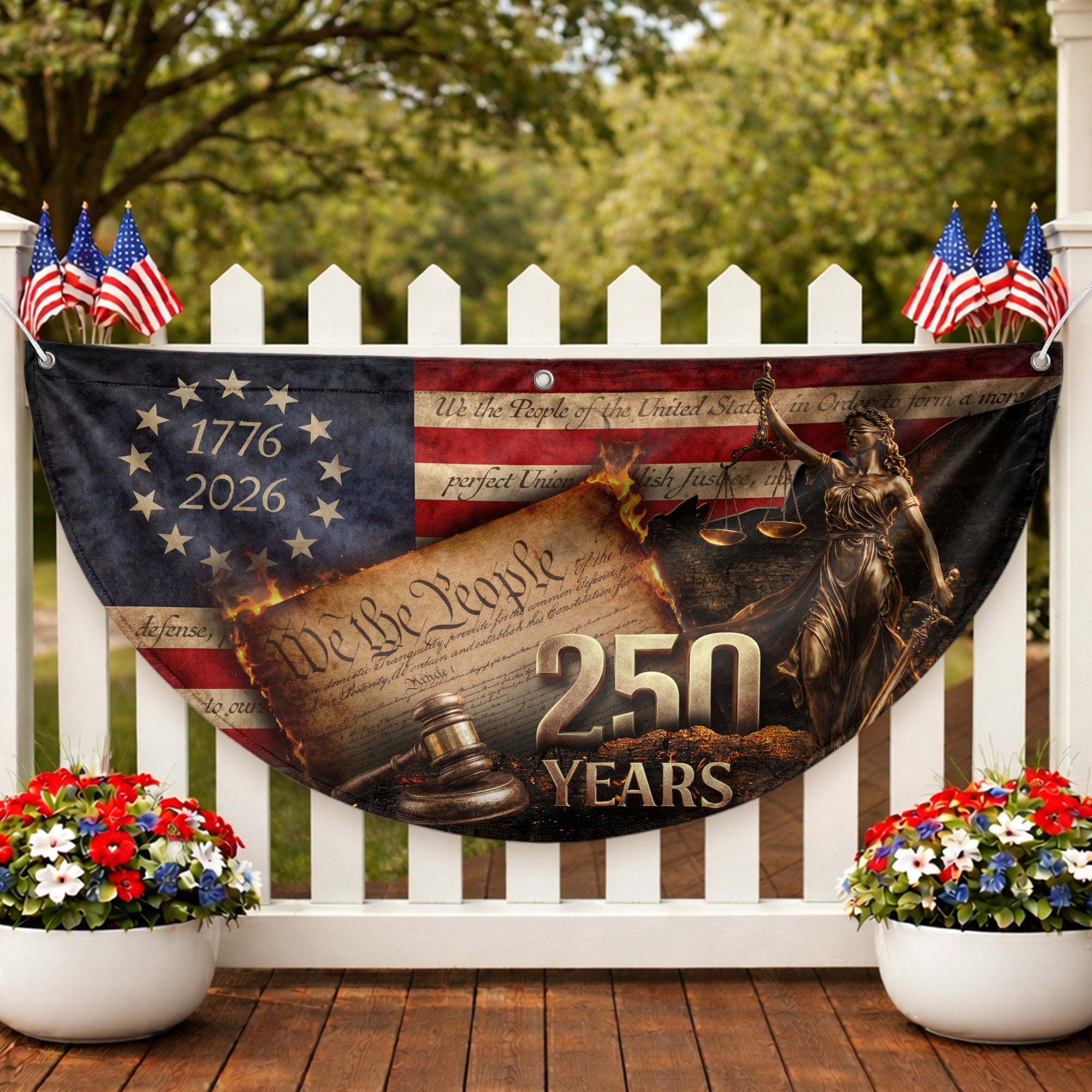 250 Years Lady Justice Fence Flag Patriotic 1776-2026 - We The People Outdoor Banner