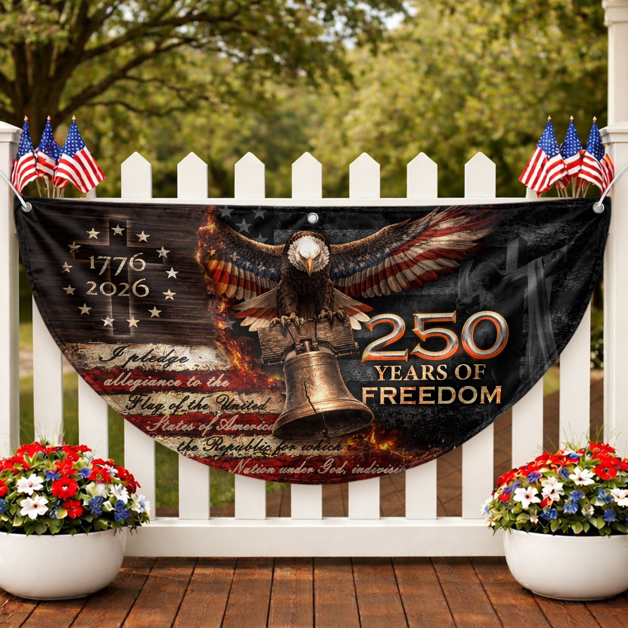 250 Years of Freedom Fence Flag 1776-2026 – Christian Patriotic Cross & Liberty Bell USA Double Sided Banner