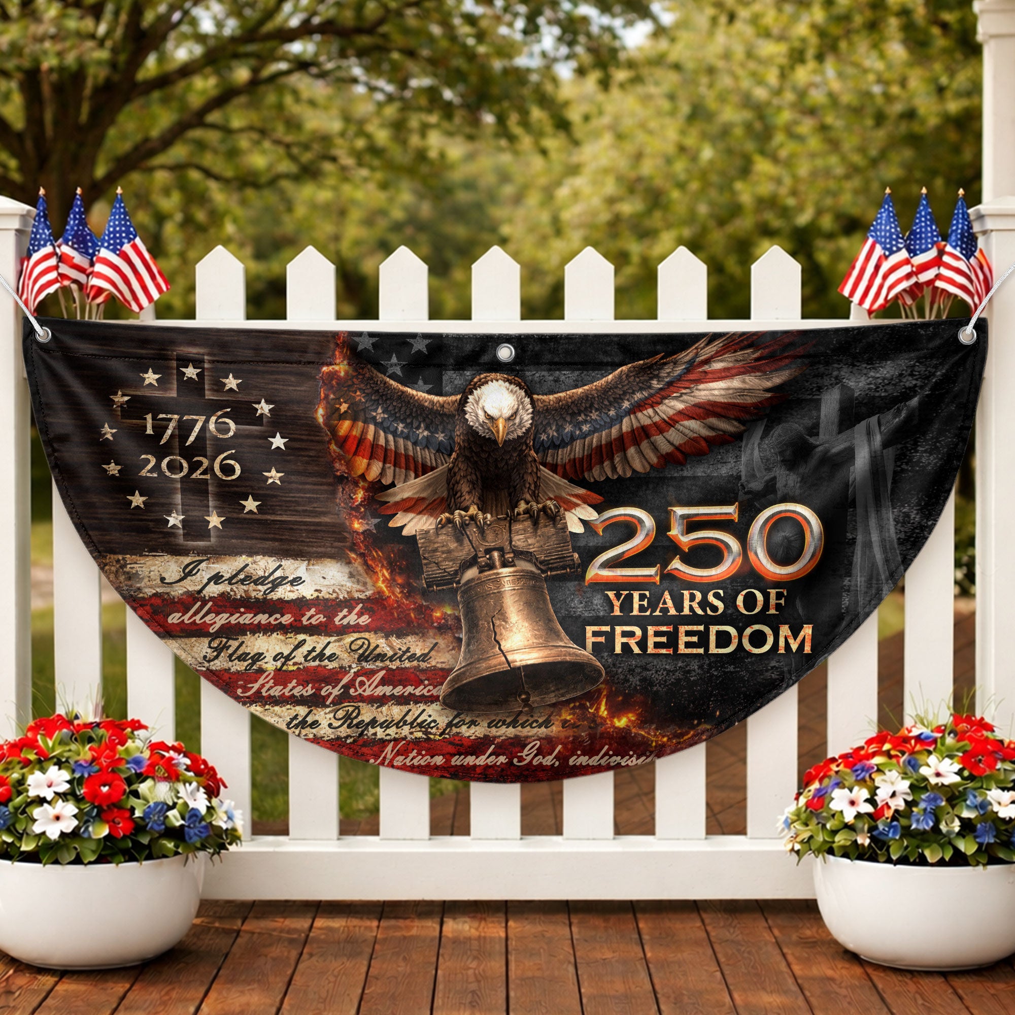 250 Years of Freedom Fence Flag 1776-2026 – Christian Patriotic Cross & Liberty Bell USA Double Sided Banner