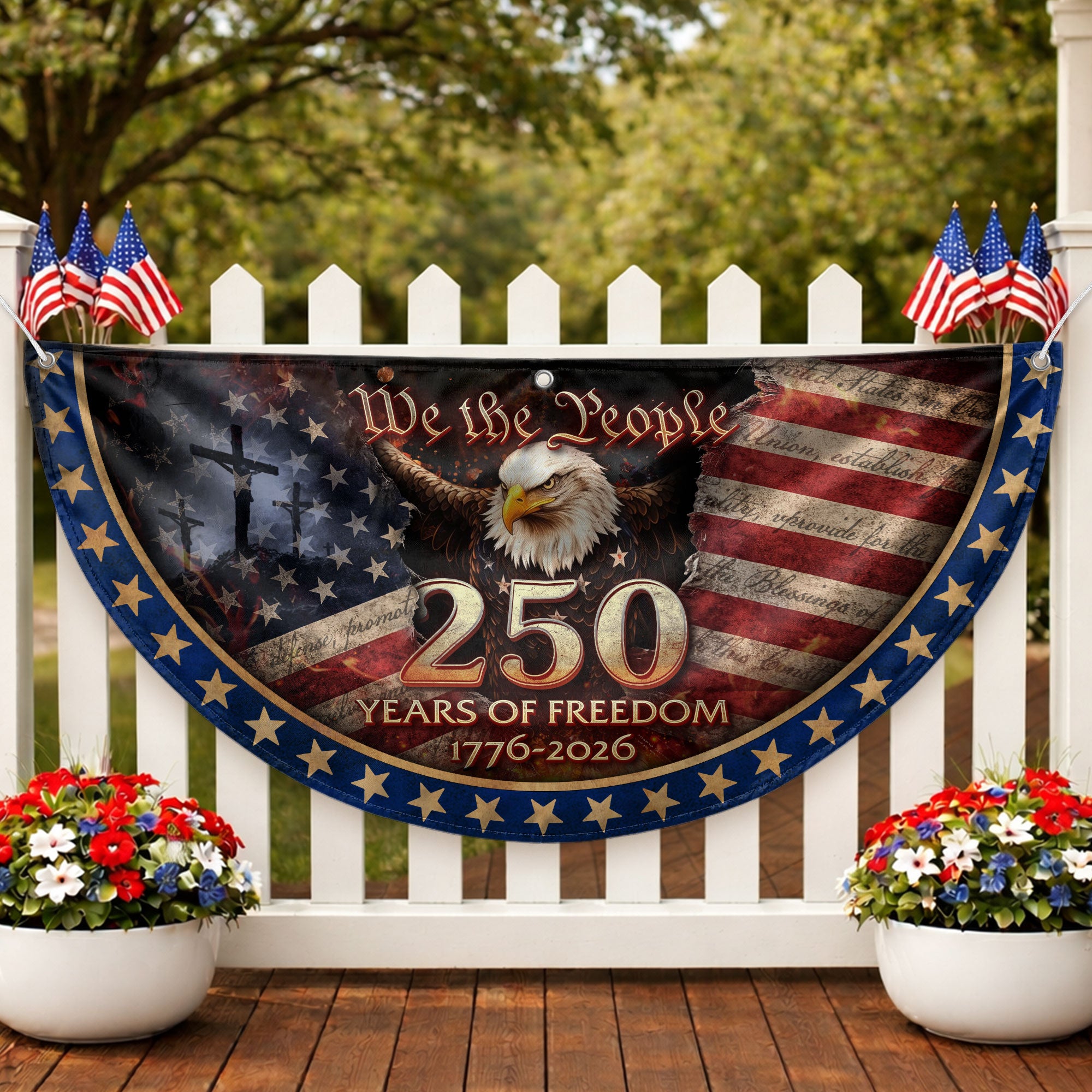 USA 250th Anniversary Fence Flag 1776-2026 – American Flag with Cross We The People Christian Patriotic Banner