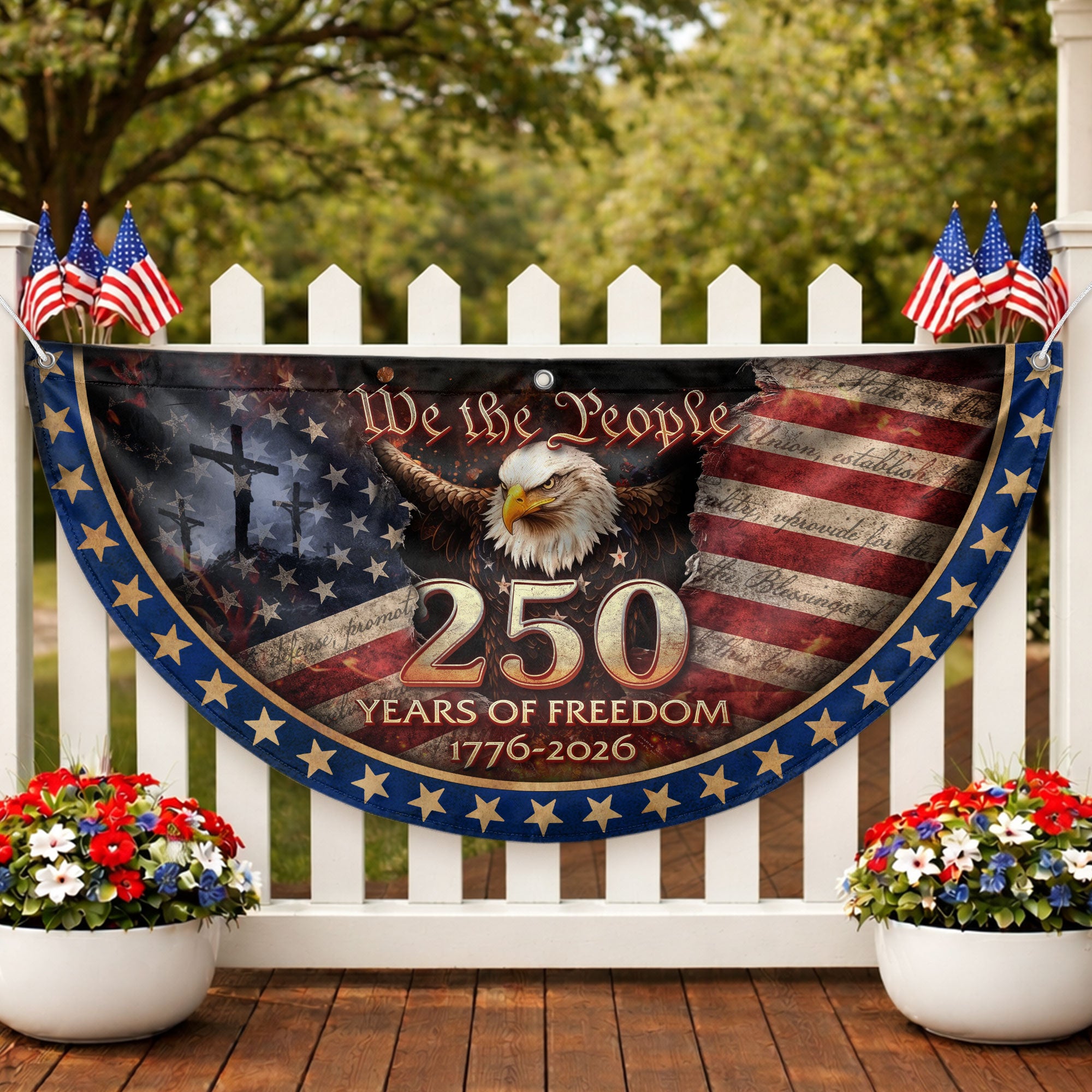 USA 250th Anniversary Fence Flag 1776-2026 – American Flag with Cross We The People Christian Patriotic Banner