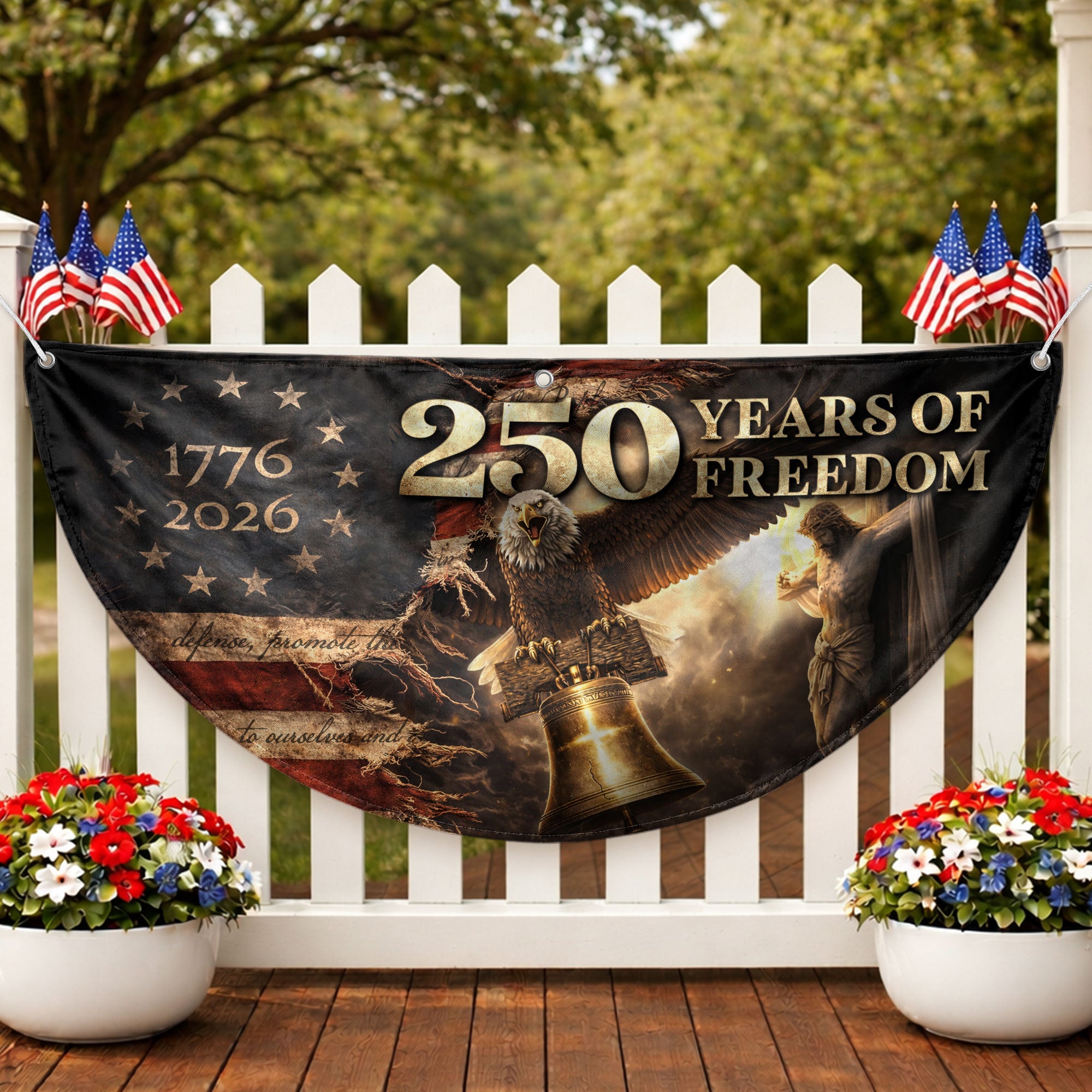 250 Years USA Anniversary Fence Flag 1776-2026 – Jesus & Eagle Christian Patriotic Double Sided Banner