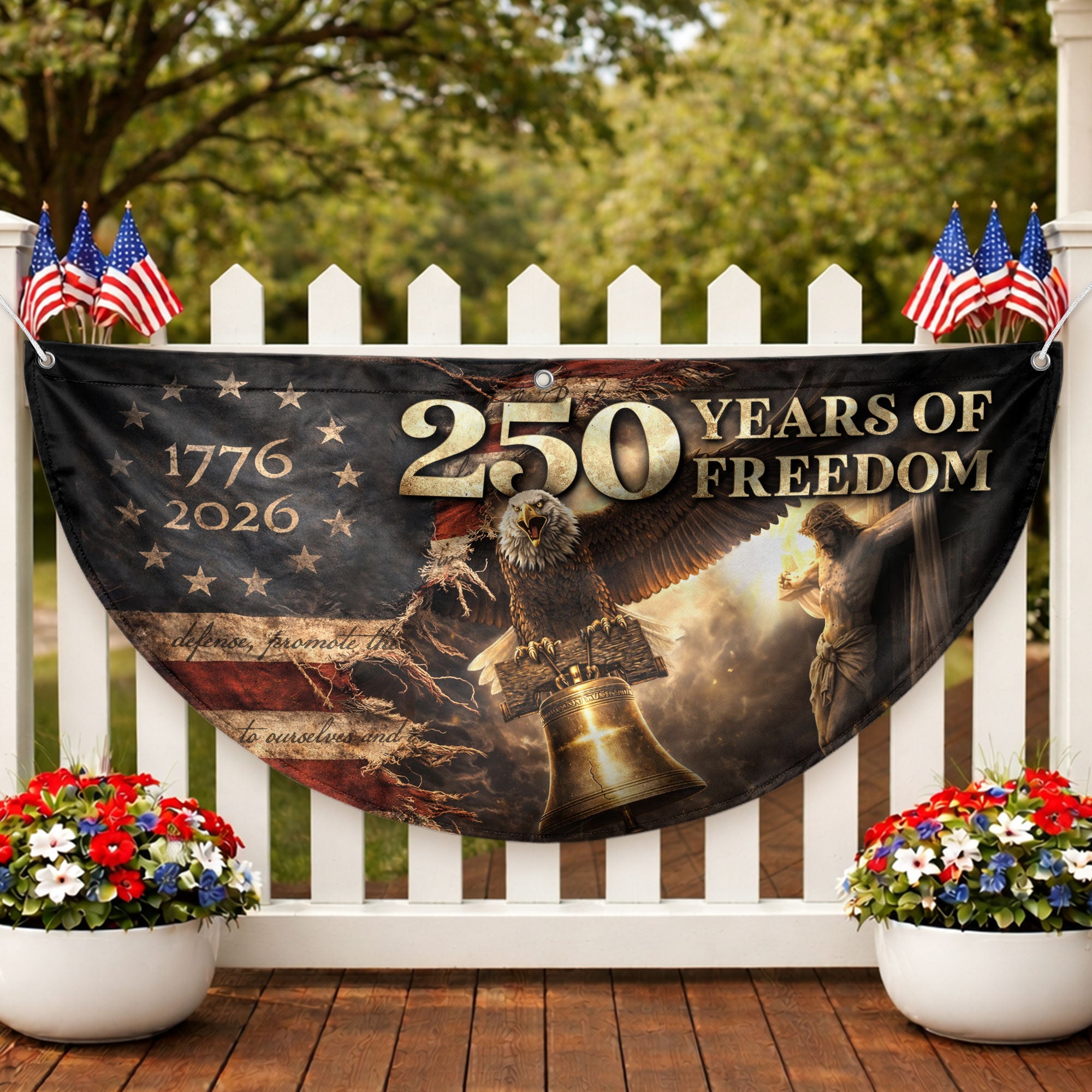 250 Years USA Anniversary Fence Flag 1776-2026 – Jesus & Eagle Christian Patriotic Double Sided Banner