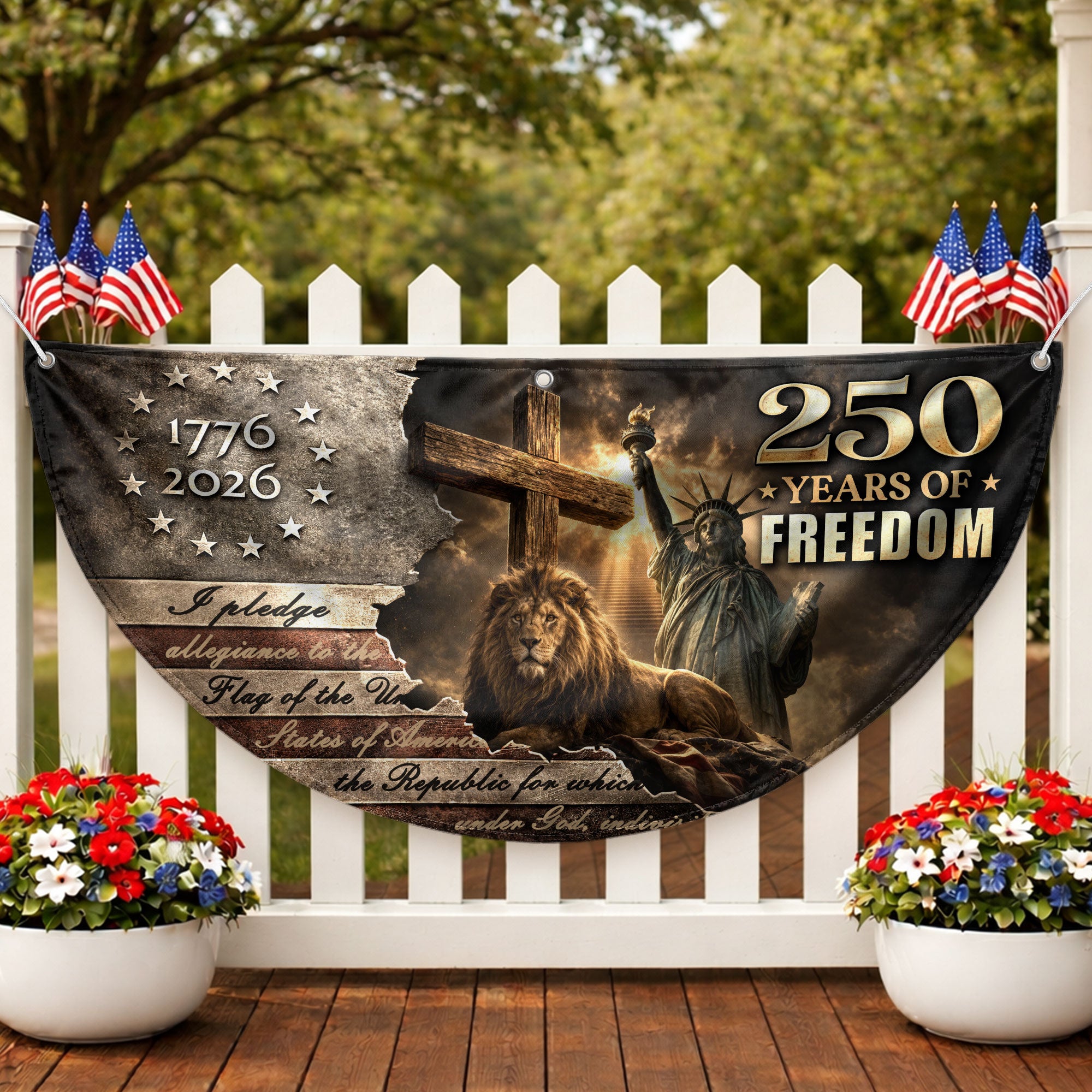 God Bless America 250 Years Fence Flag 1776-2026 – Lion & Cross Christian Patriotic USA Double Sided Banner