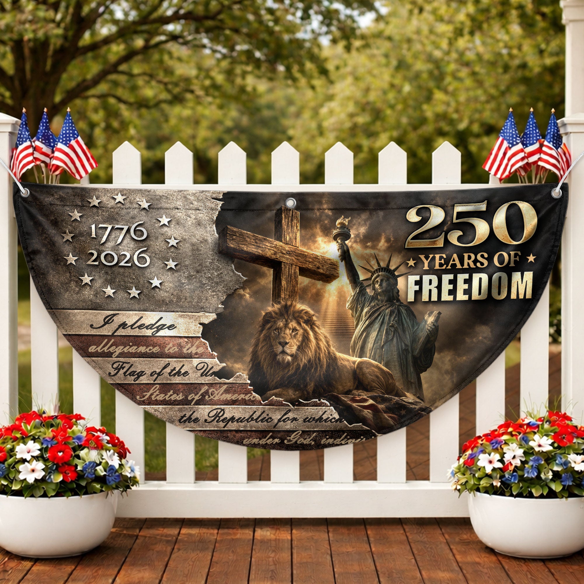 God Bless America 250 Years Fence Flag 1776-2026 – Lion & Cross Christian Patriotic USA Double Sided Banner