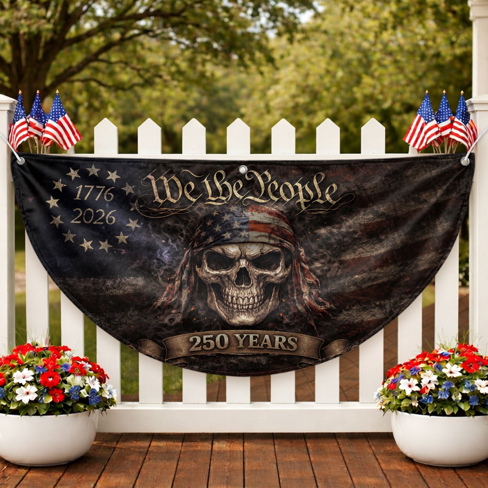 We The People Skull Fence Flag 250 Years 1776-2026 Patriotic Double Sided Banner