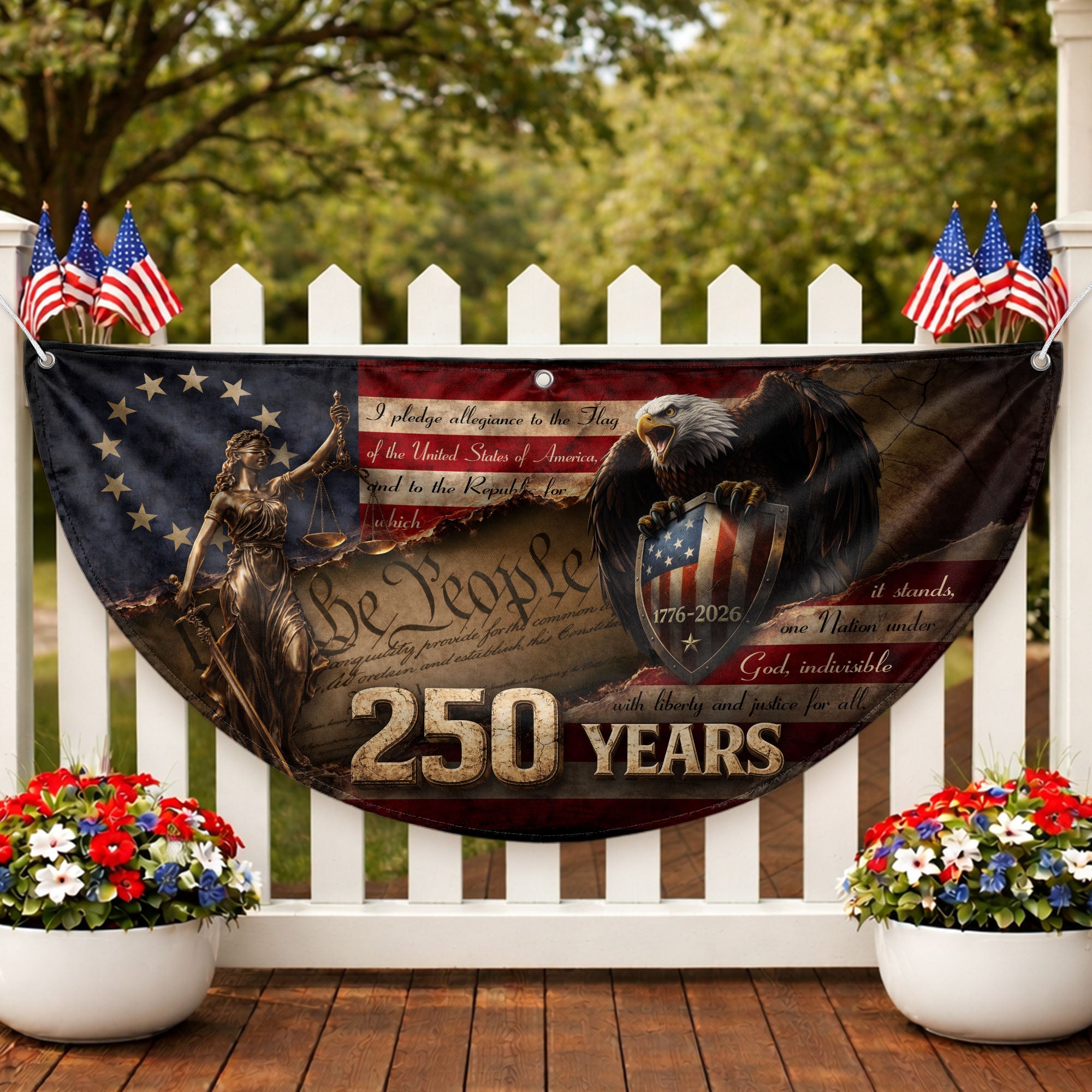 We The People Lady Justice Fence Flag 250 Years Patriotic Eagle - 1776-2026 Flag Decor