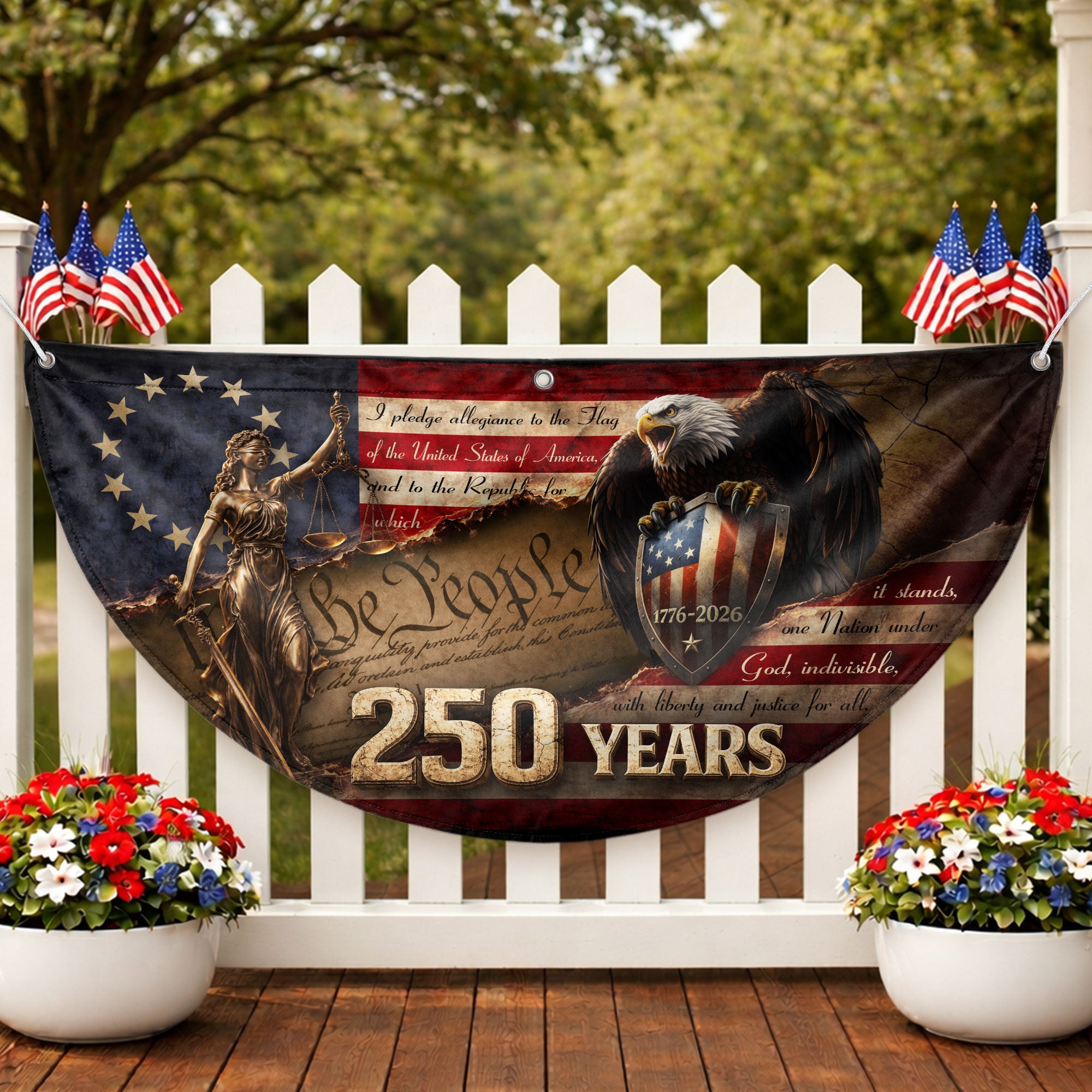 We The People Lady Justice Fence Flag 250 Years Patriotic Eagle - 1776-2026 Flag Decor