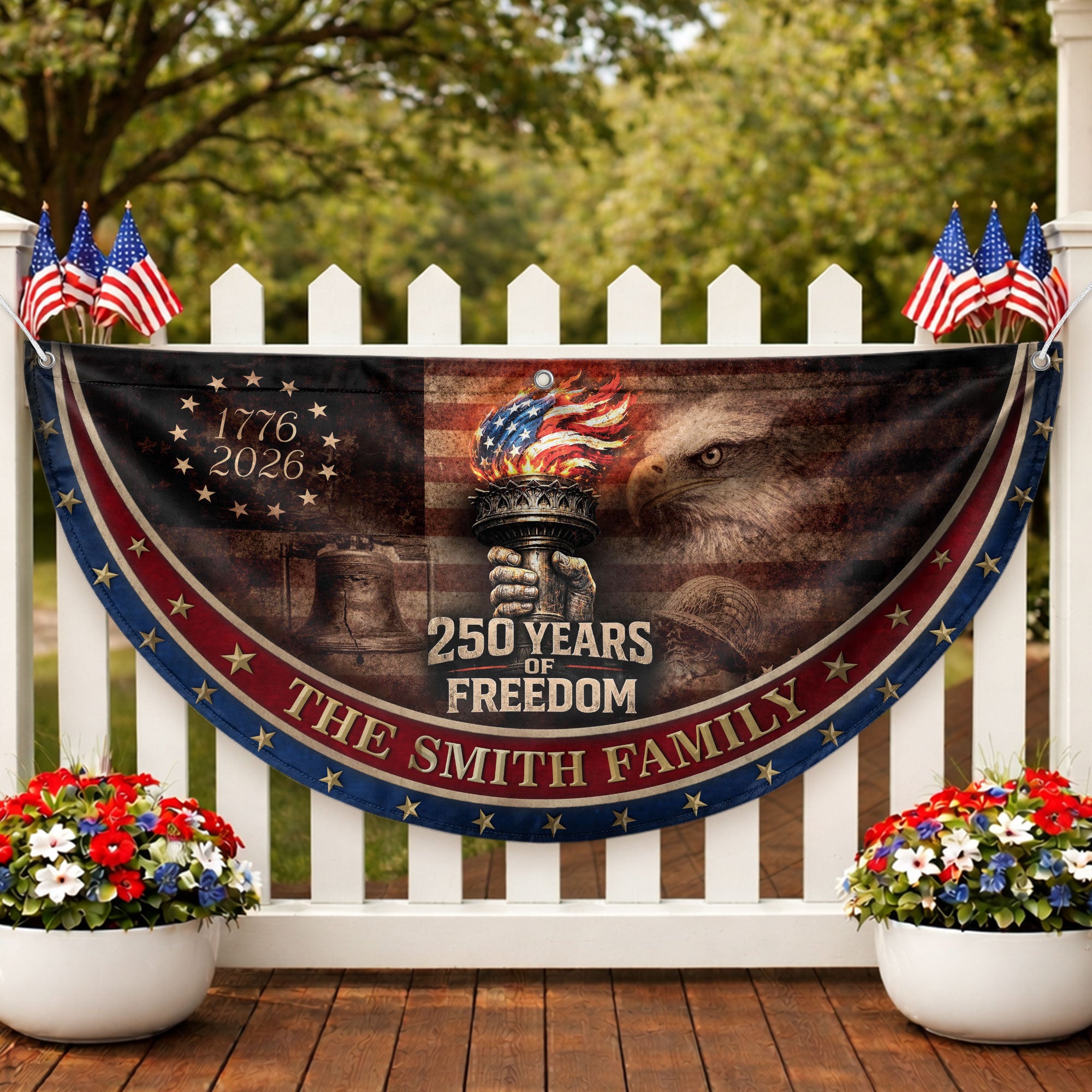 250 Anniversary USA Flag Fence Flag Custom Family Name, American Flag 250 Year Anniversary Banner with Eagle Design