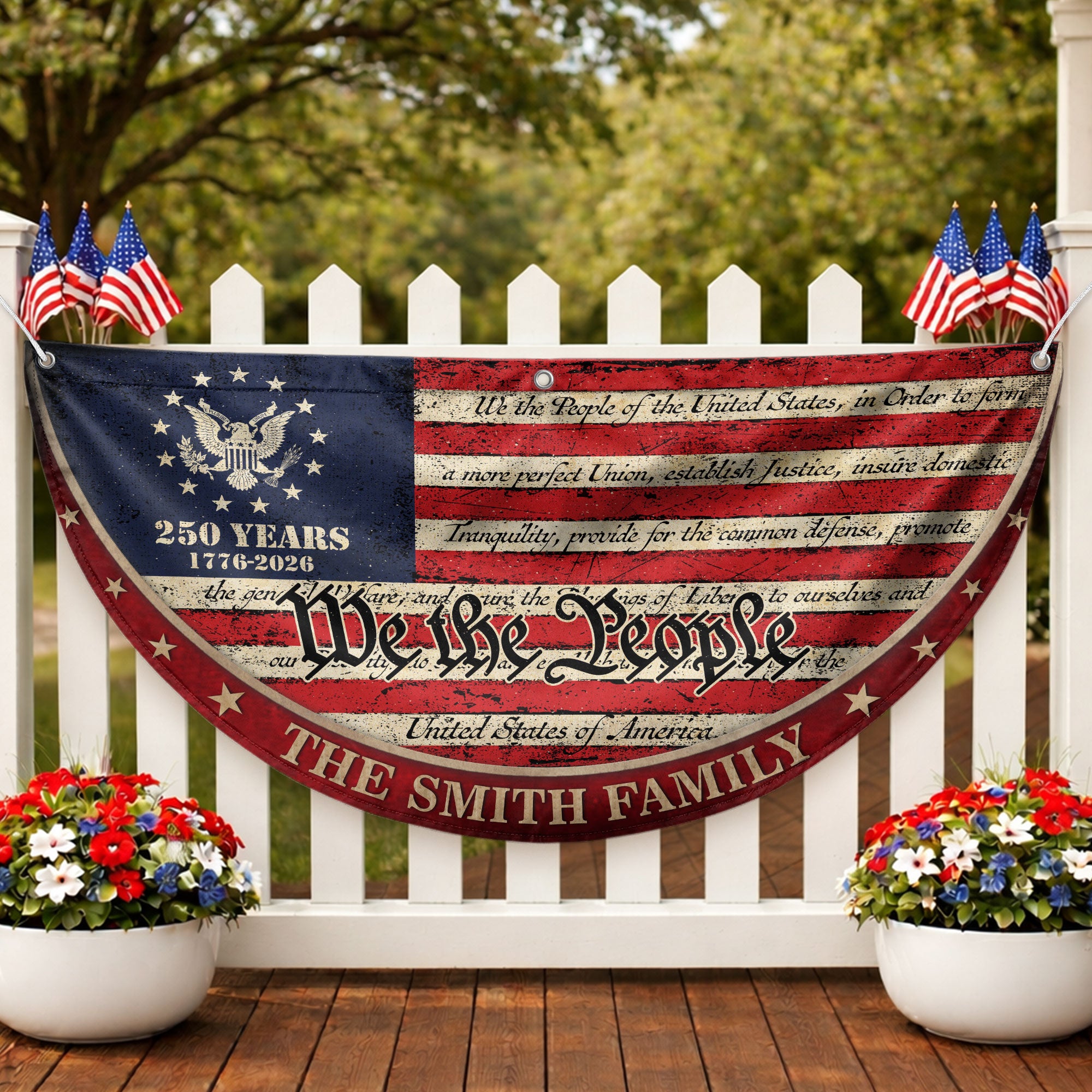 250 Years of Freedom Flag Fence Flag Custom Family Name, We The People Flag, American Flag with Eagle Patriotic Banner