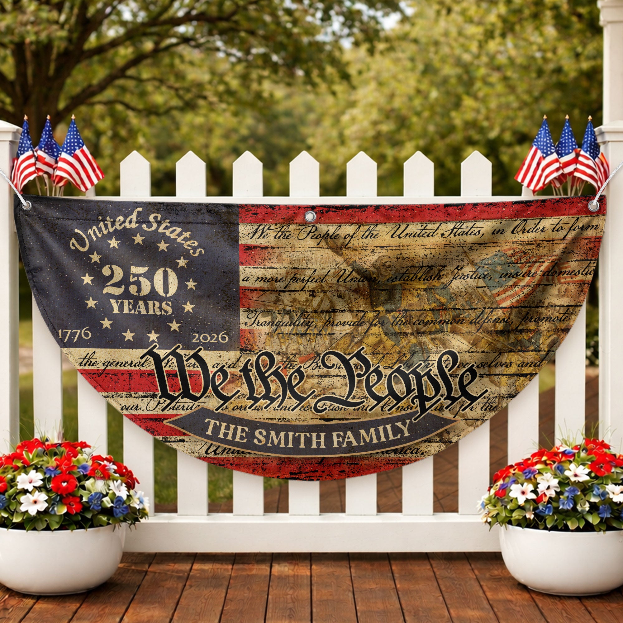 American Flag 250 Year Anniversary Fence Flag Custom Family Name, 250 Anniversary USA Banner, We The People Flag Design