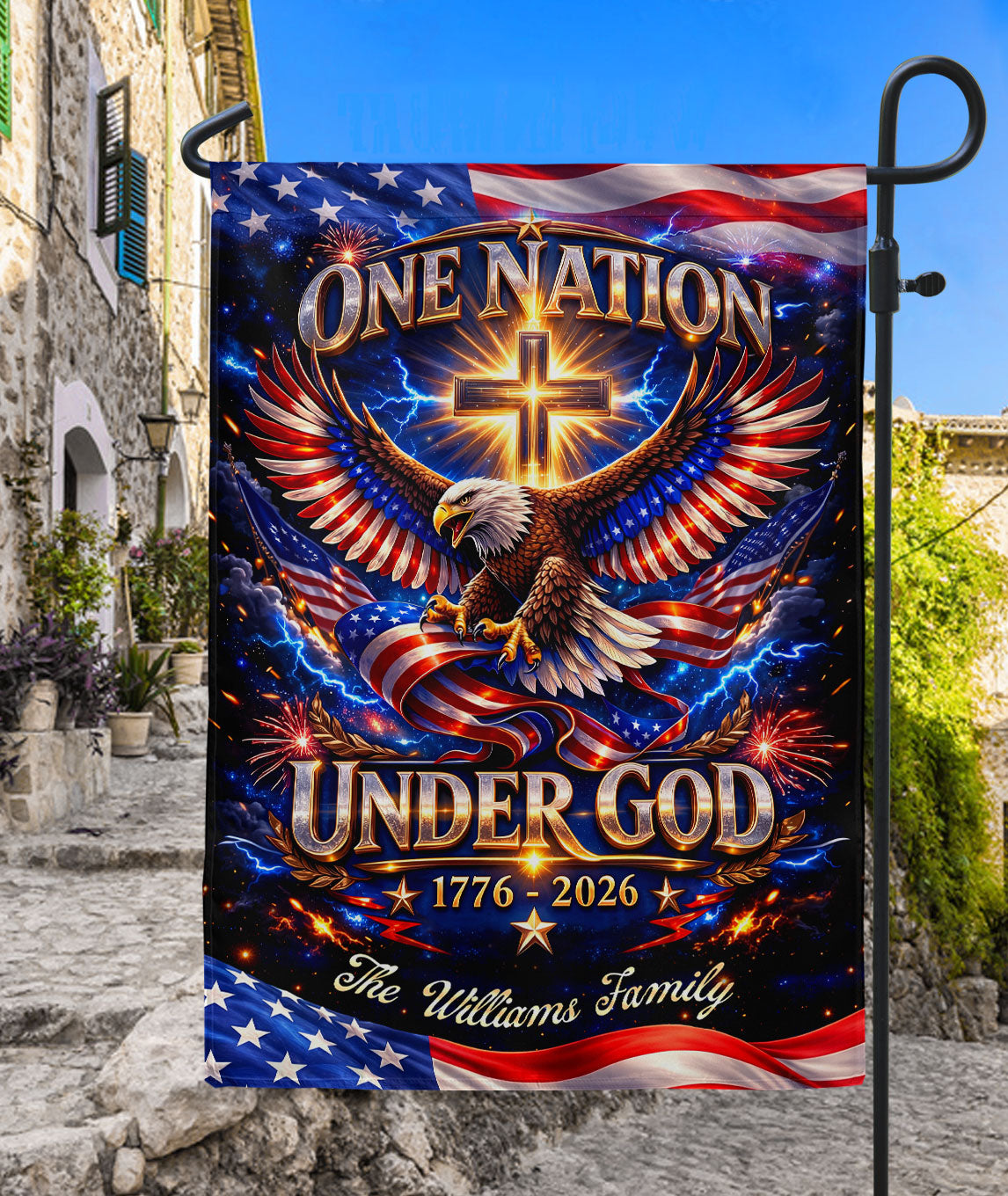 Personalized Faith & Freedom Garden Flag – 250-Year USA Tribute with Eagle and Cross Motif (1776–2026)