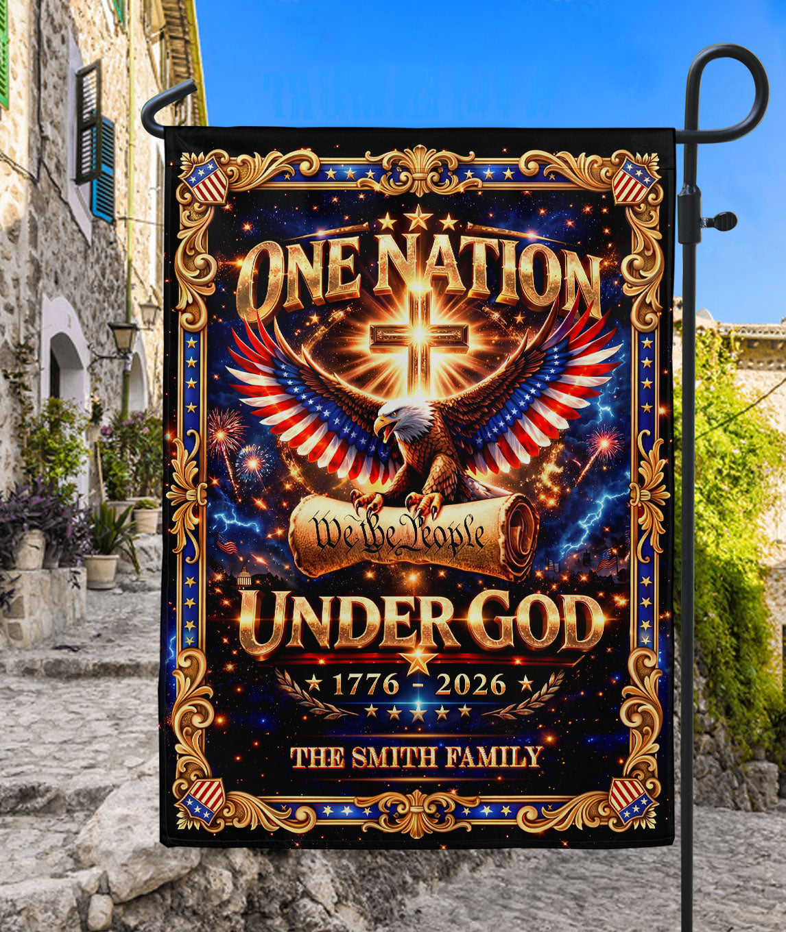 One Nation Under God 250th Anniversary Garden Flag – Custom Family Name with Eagle, Cross & 'We the People' 1776-2026