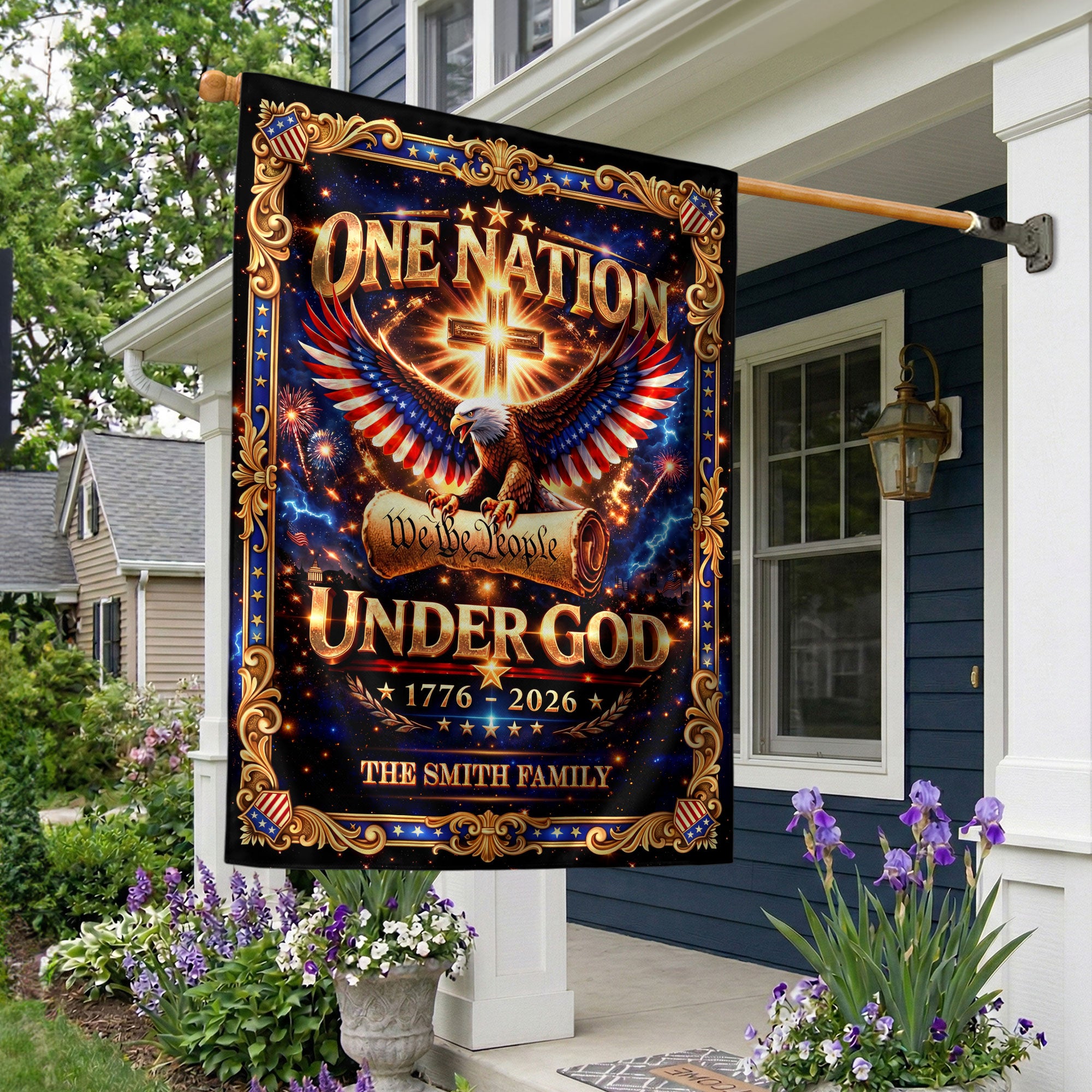 One Nation Under God 250th Anniversary Garden Flag – Custom Family Name with Eagle, Cross & 'We the People' 1776-2026