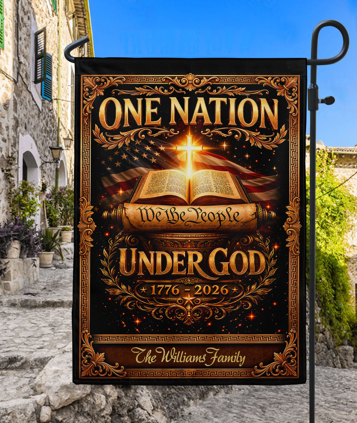 One Nation Under God 250th Anniversary Garden Flag – Custom Family Name with Bible, Cross & 'We the People' 1776-2026