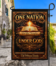 One Nation Under God 250th Anniversary Garden Flag – Custom Family Name with Bible, Cross & 'We the People' 1776-2026