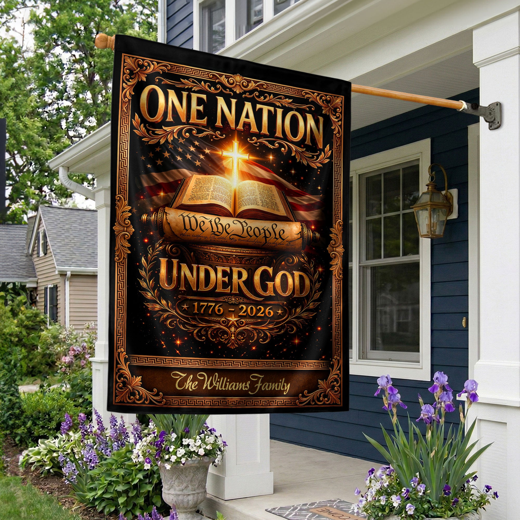 One Nation Under God 250th Anniversary Garden Flag – Custom Family Name with Bible, Cross & 'We the People' 1776-2026