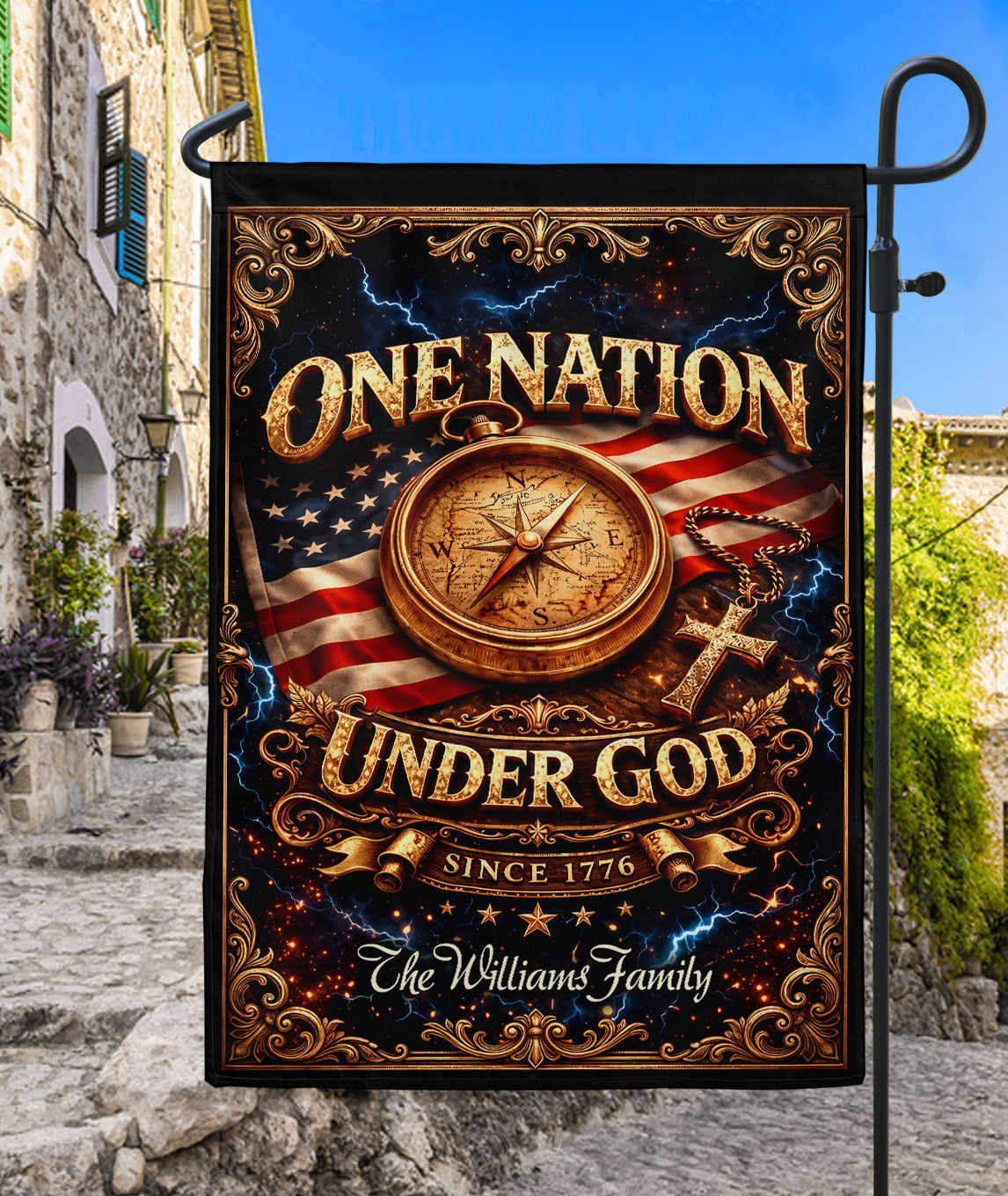 One Nation Under God 250th Anniversary Garden Flag – Custom Family Name with Compass, Cross & USA Flag 1776-2026
