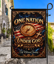 One Nation Under God 250th Anniversary Garden Flag – Custom Family Name with Compass, Cross & USA Flag 1776-2026