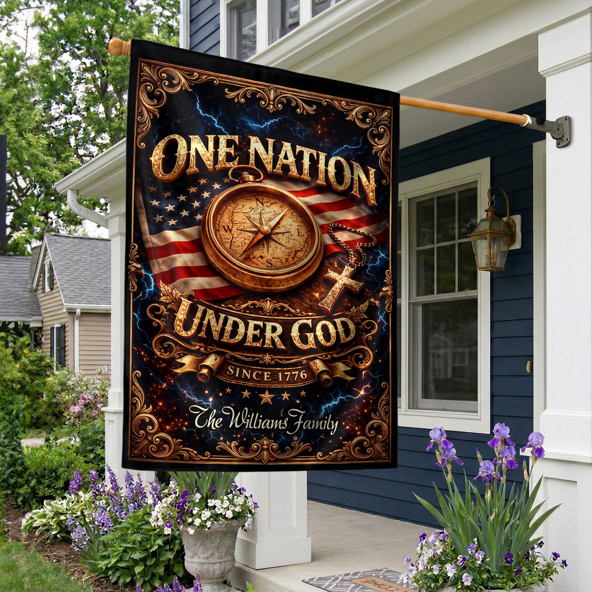 One Nation Under God 250th Anniversary Garden Flag – Custom Family Name with Compass, Cross & USA Flag 1776-2026